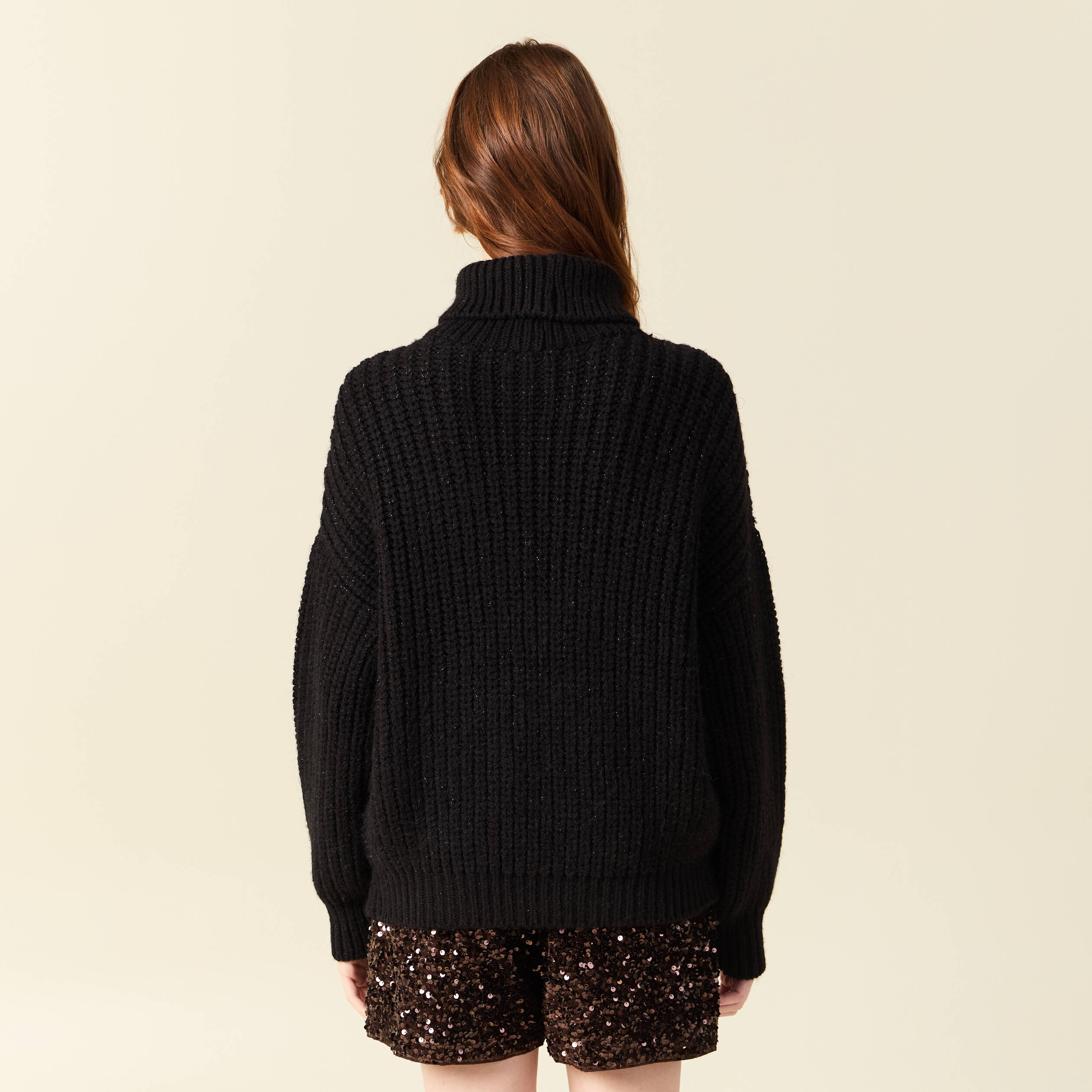 Pull manches longues col roul&eacute; brillant noir femme