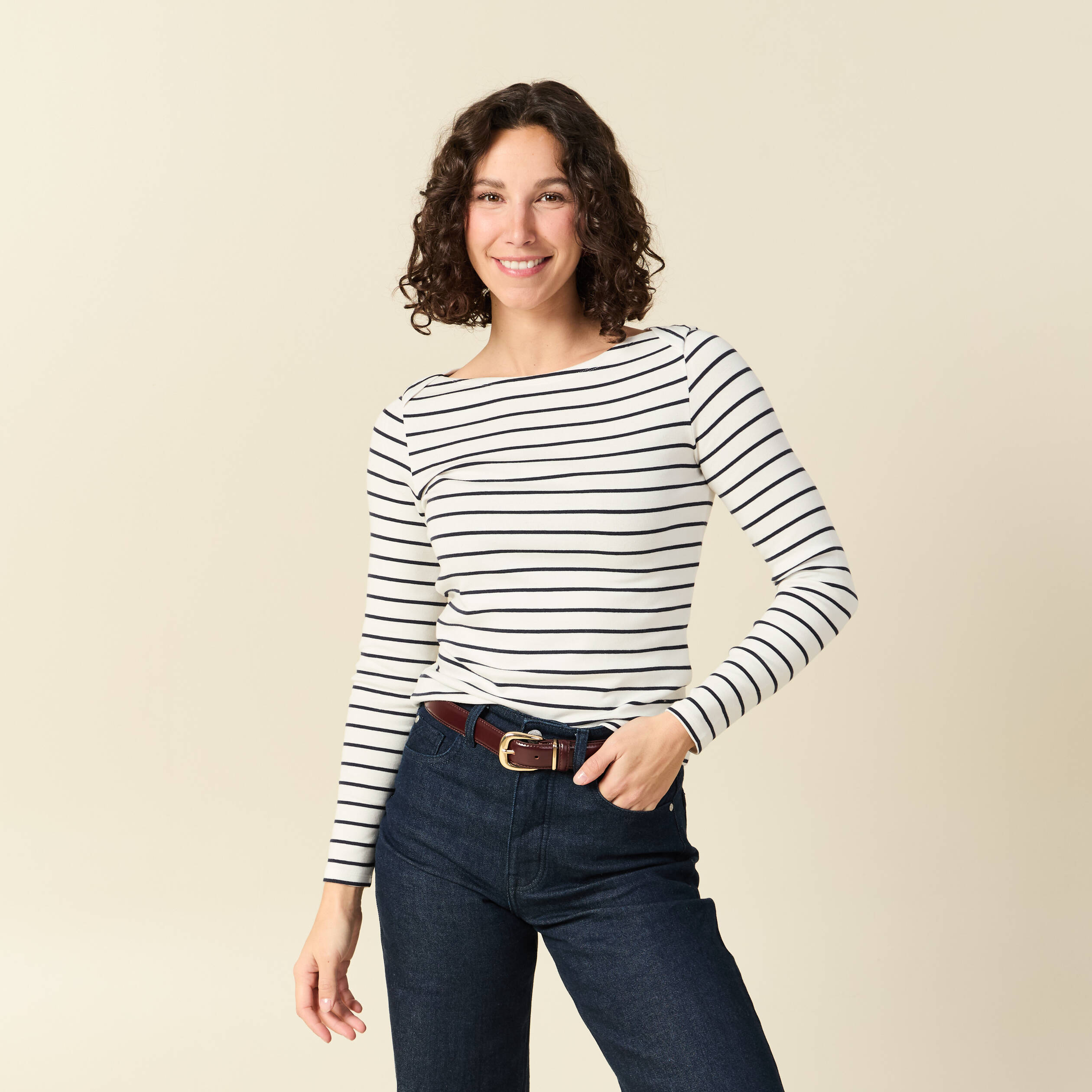 T-shirt ray&eacute; ajust&eacute; manches longues bleu femme