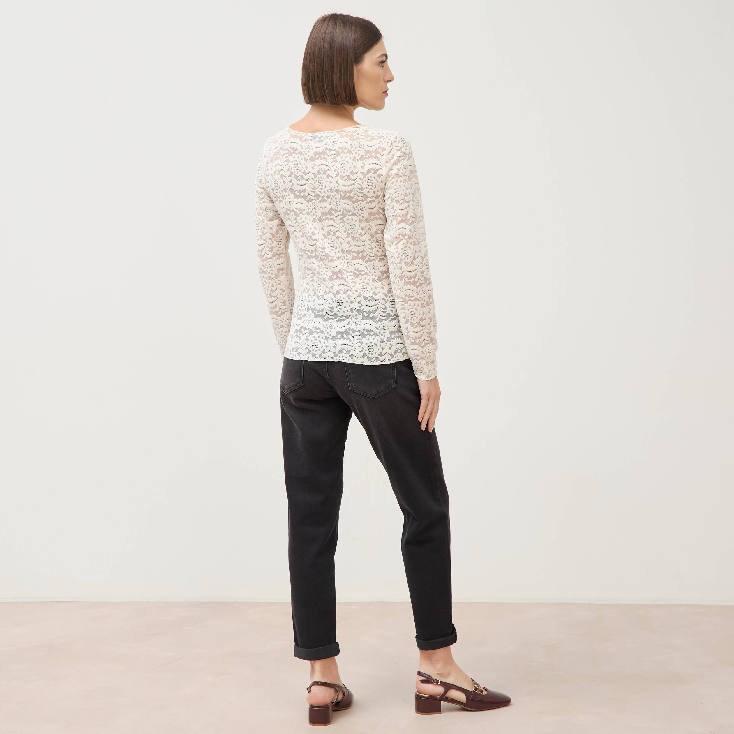 Blouse droite col bateau dentelle ivoire femme
