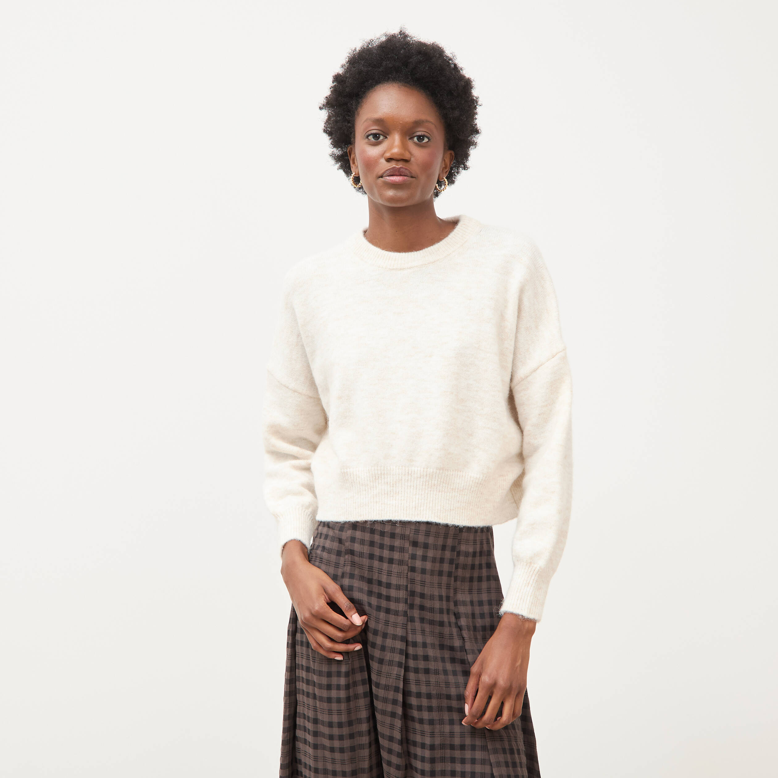 Pull droit cropped manches longues creme femme