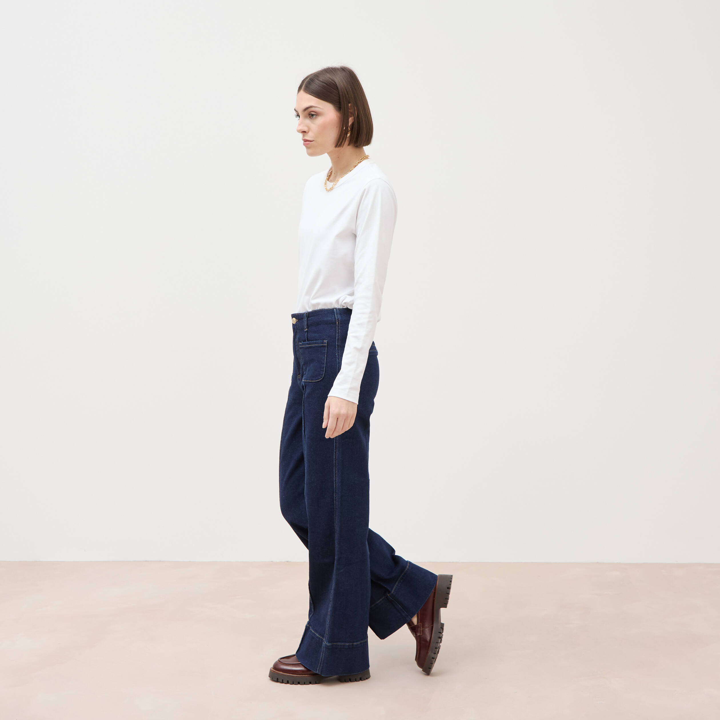 Jeans wide large taille haute denim brut rinse femme