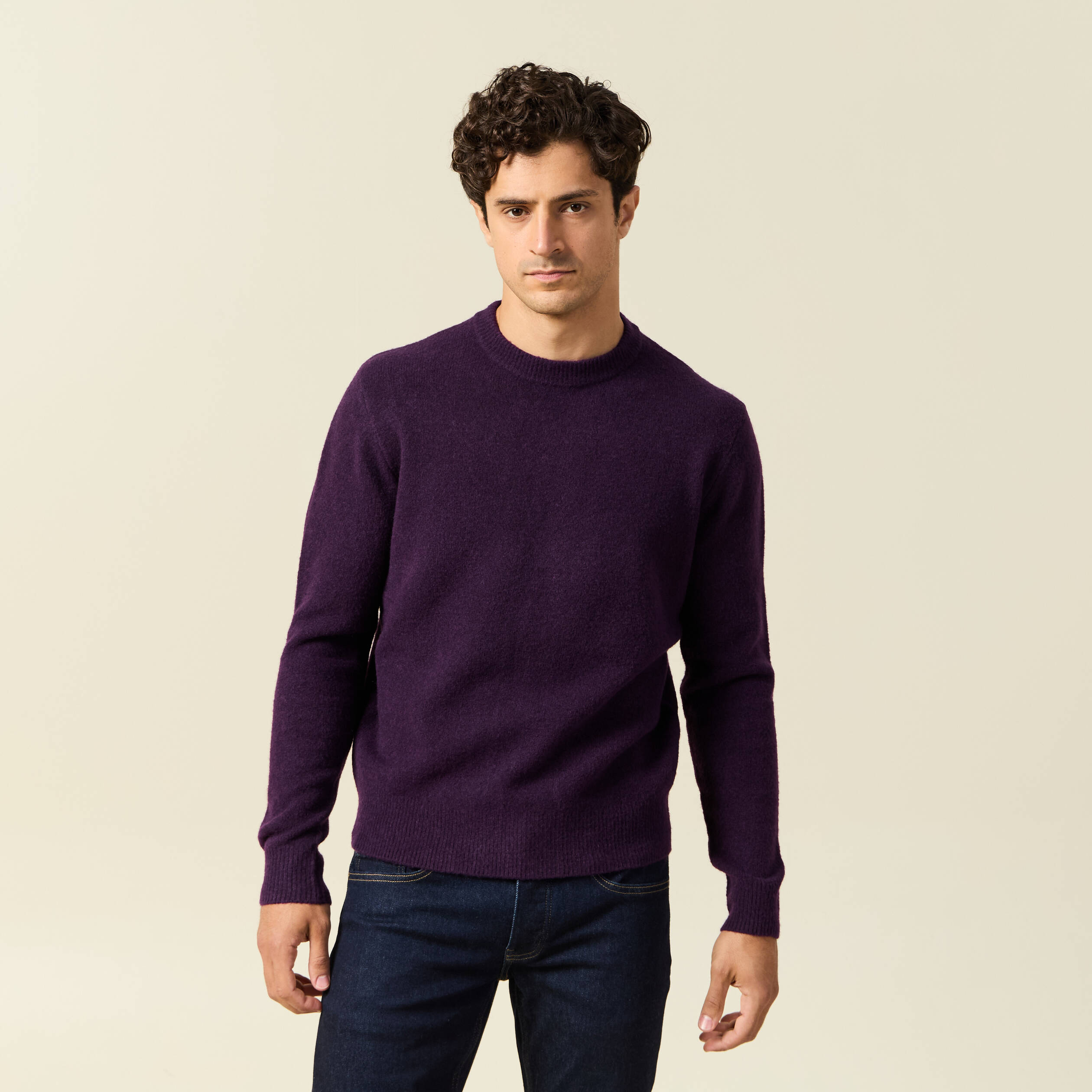 Pull manches longues col rond violet fonc&eacute; homme