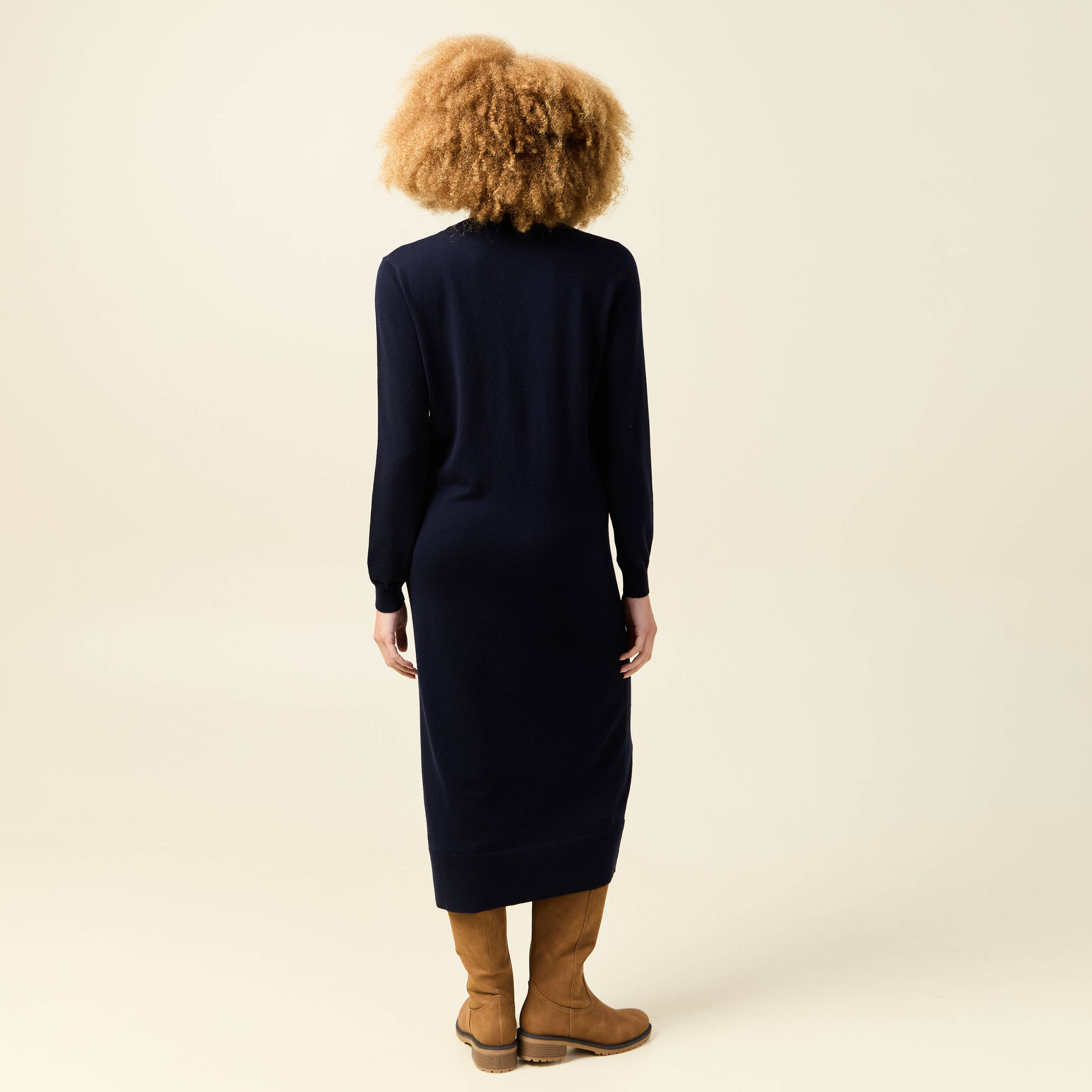Robe manches longues bleu fonc&eacute; femme