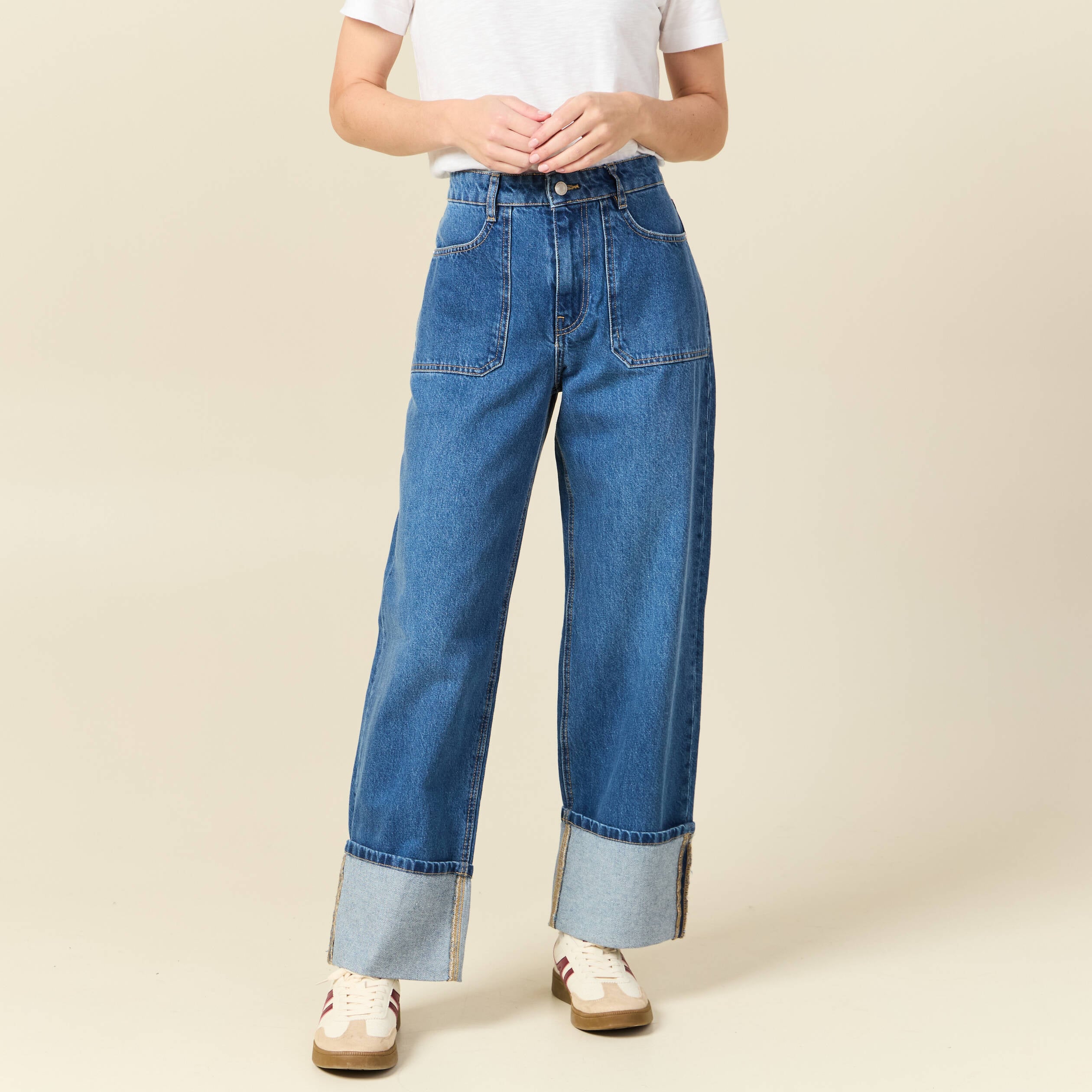 Jeans wide large taille haute denim stone femme