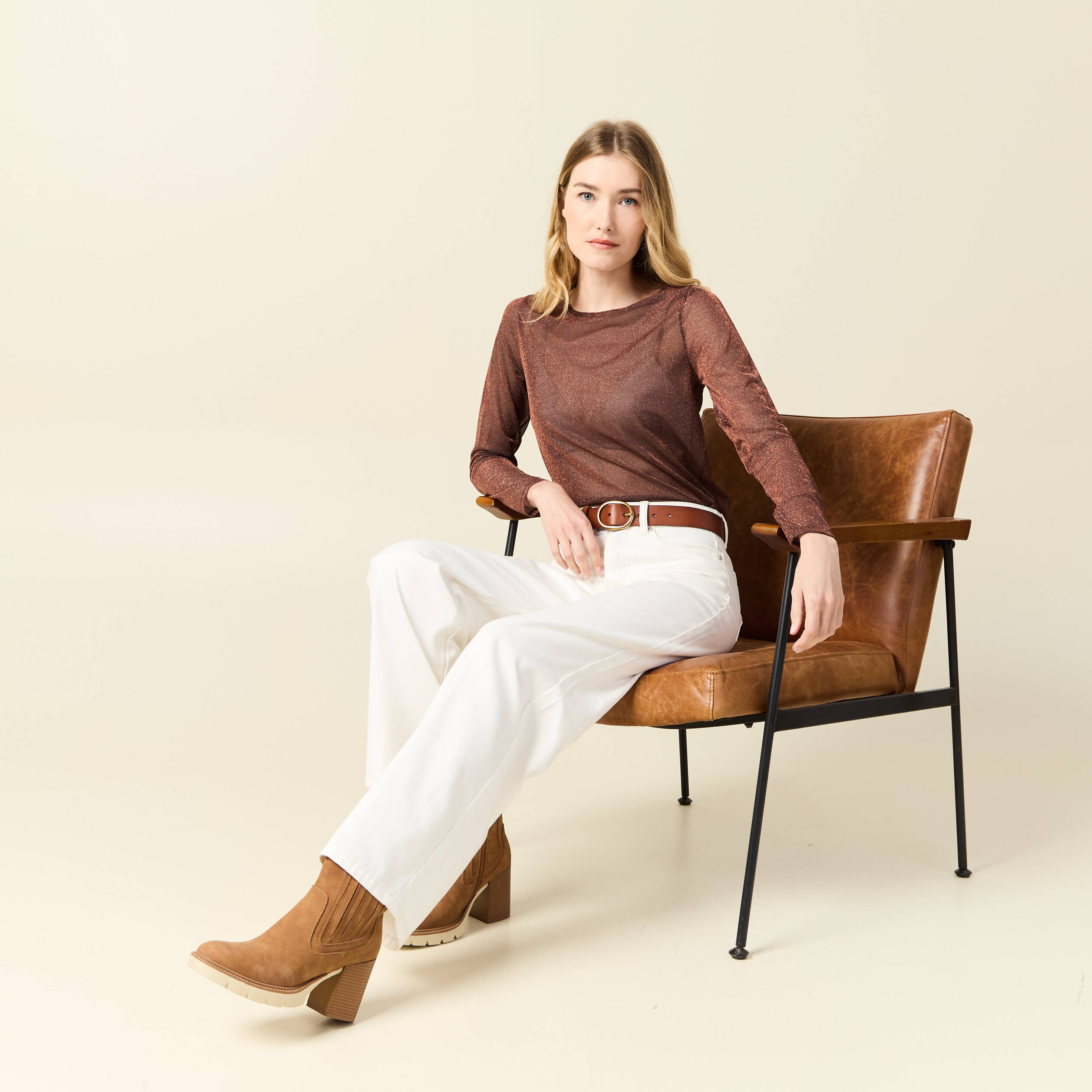 T-shirt manches longues marron cognac femme