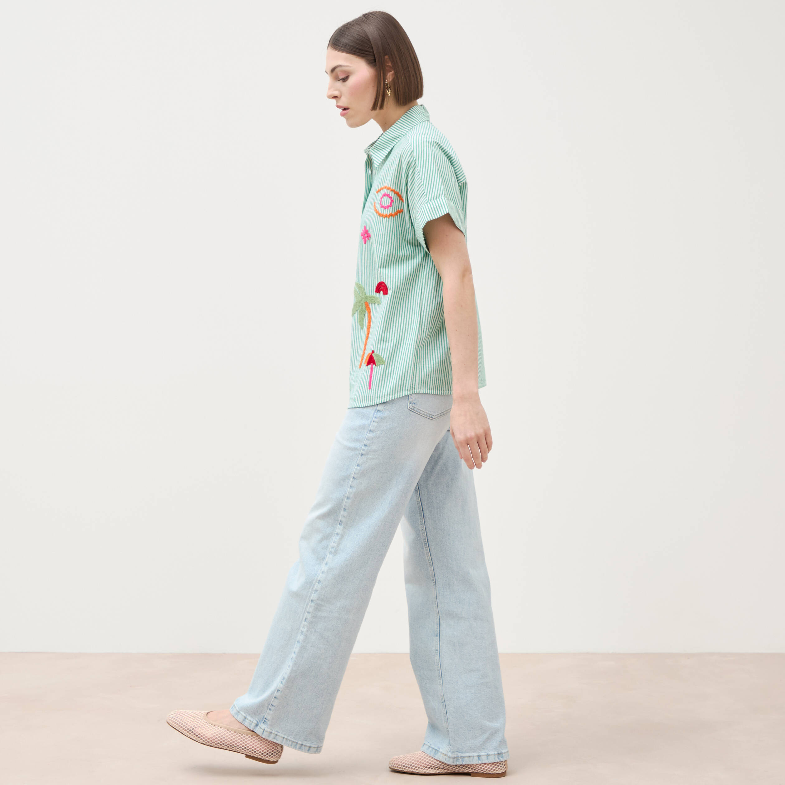 Chemise ample en coton &agrave; broderie vert femme