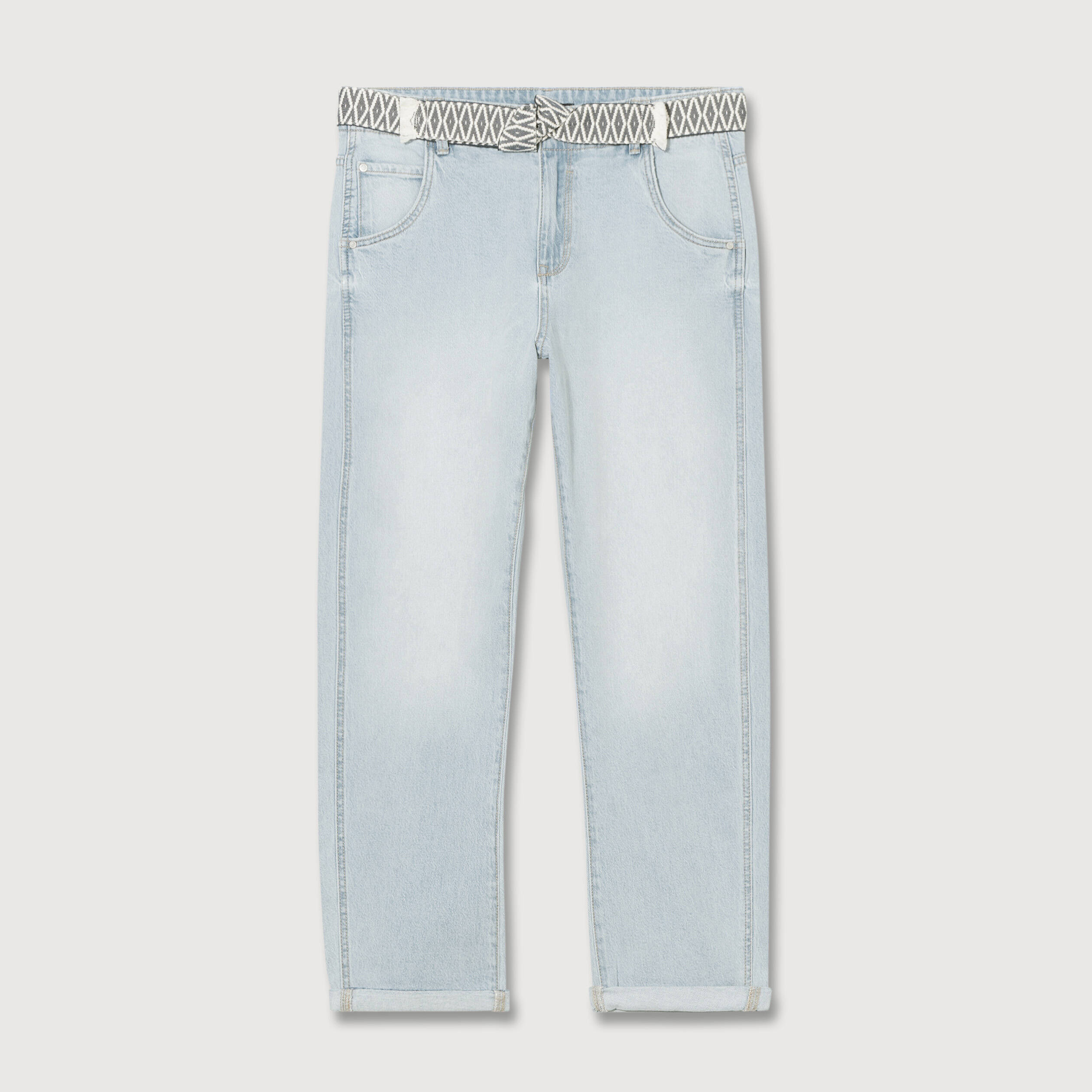 Jeans boyfriend ceintur&eacute; denim bleach femme