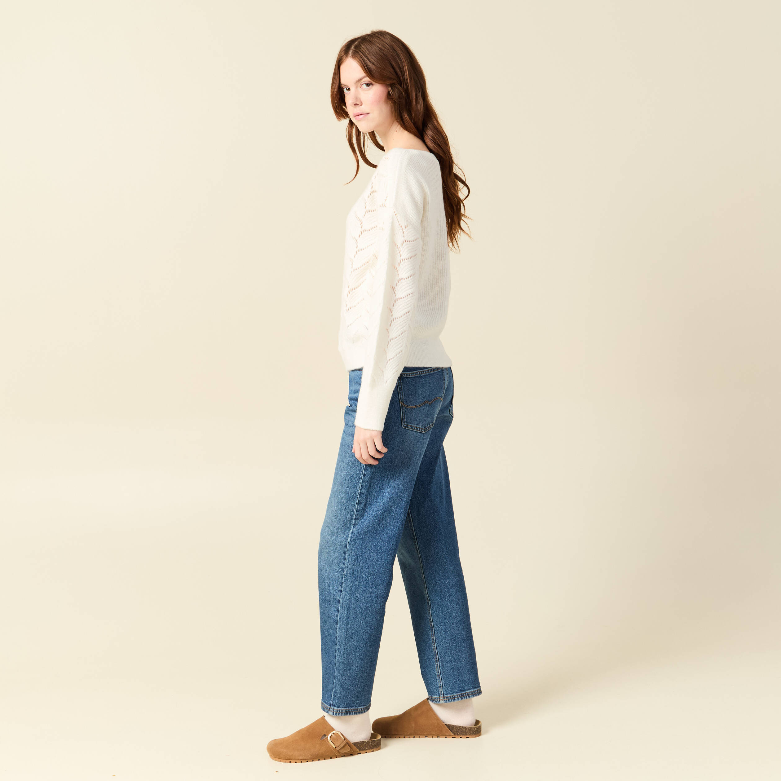 Pull ajour&eacute; col bateau manches longues ecru femme