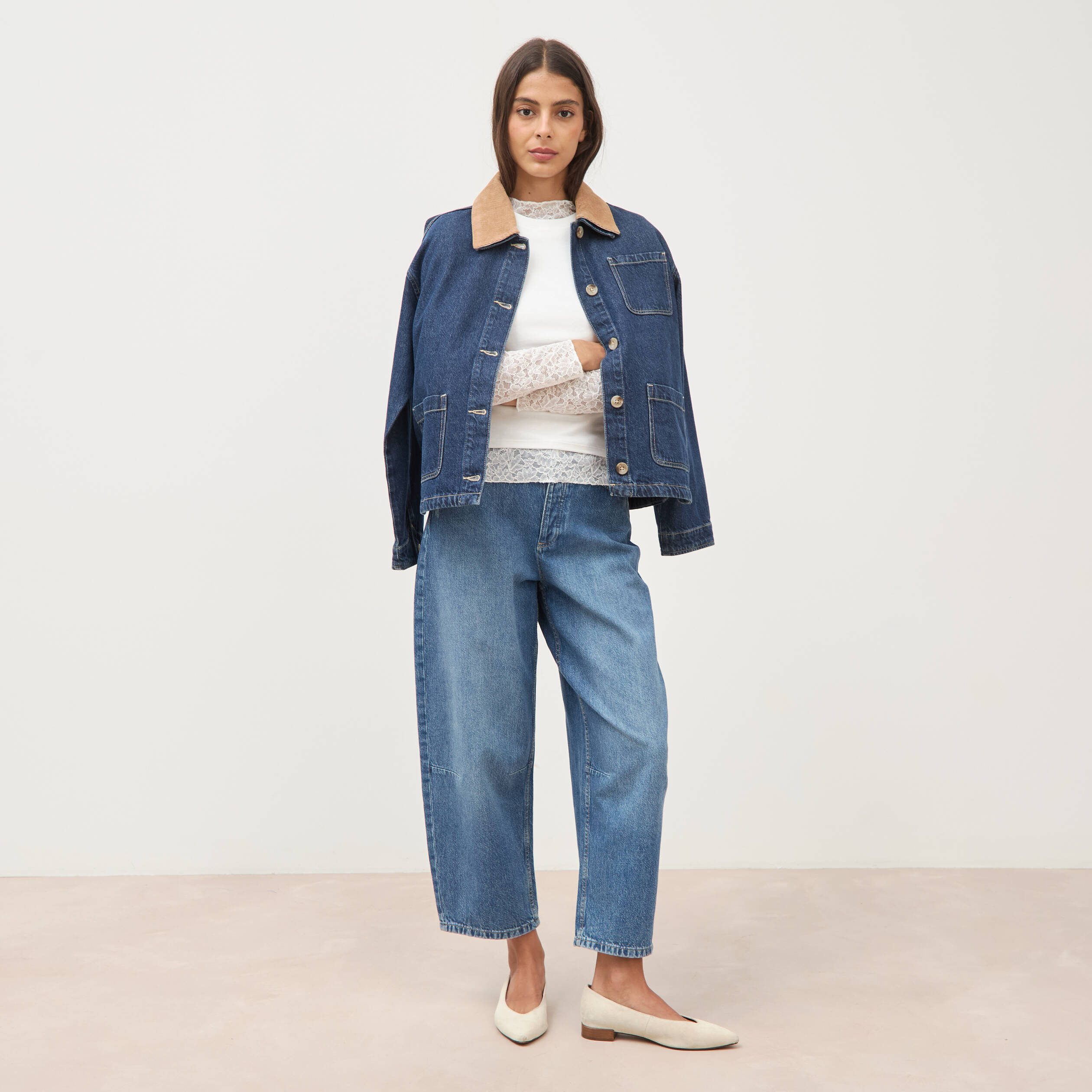 Jeans barrel 7/8&egrave;me taille standard denim used femme