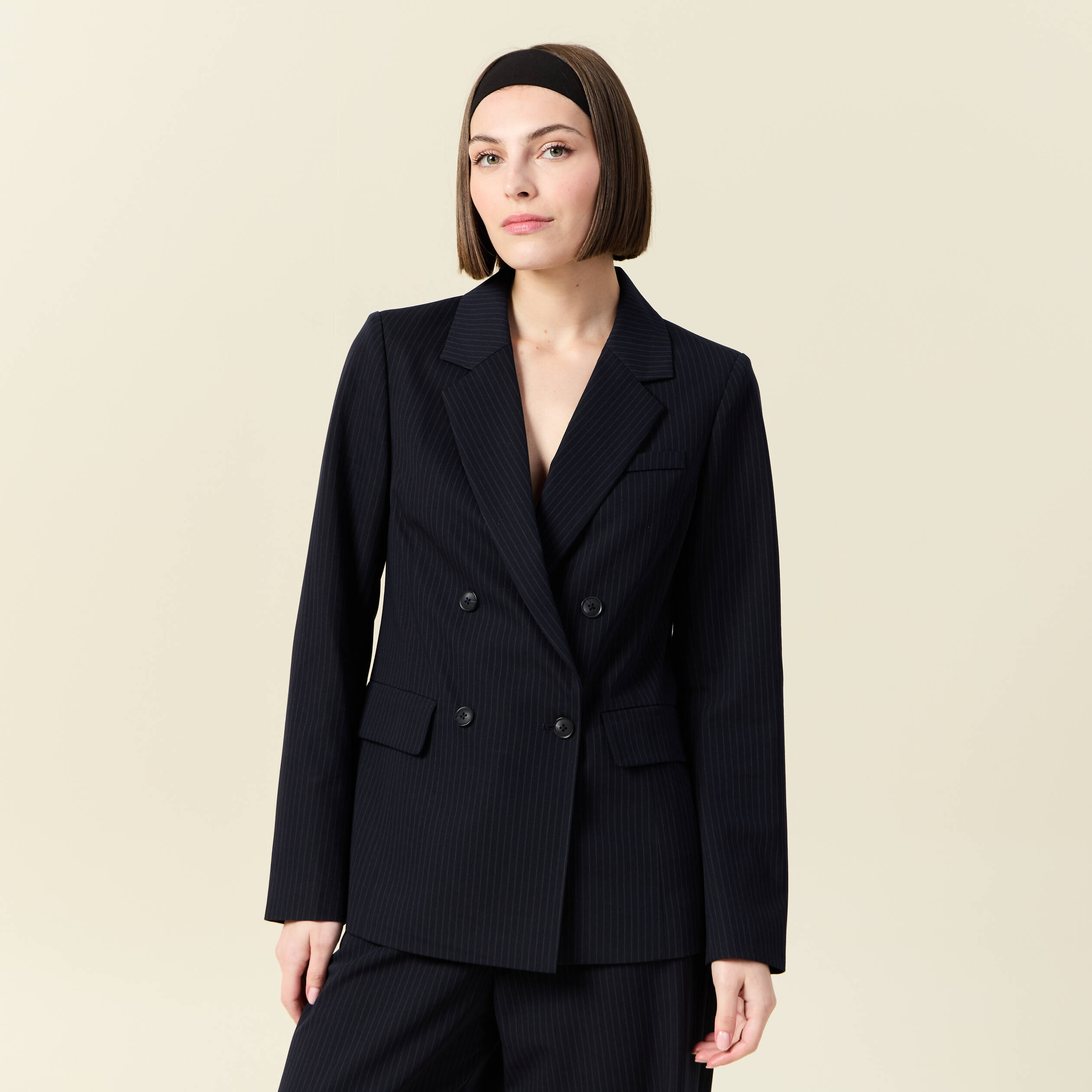 Blazer manches longues col tailleur bleu marine femme