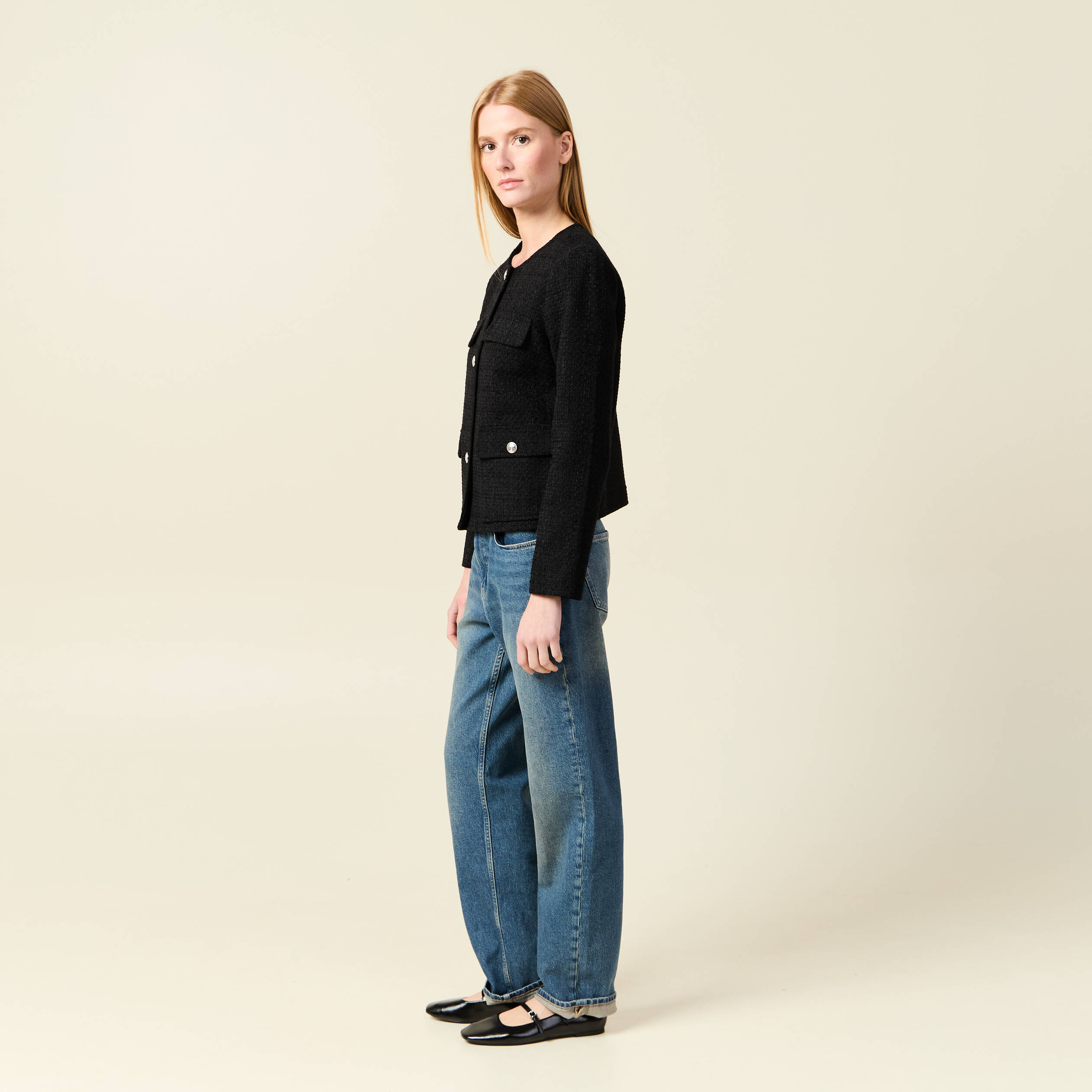 Veste manches longues en tweed noir femme
