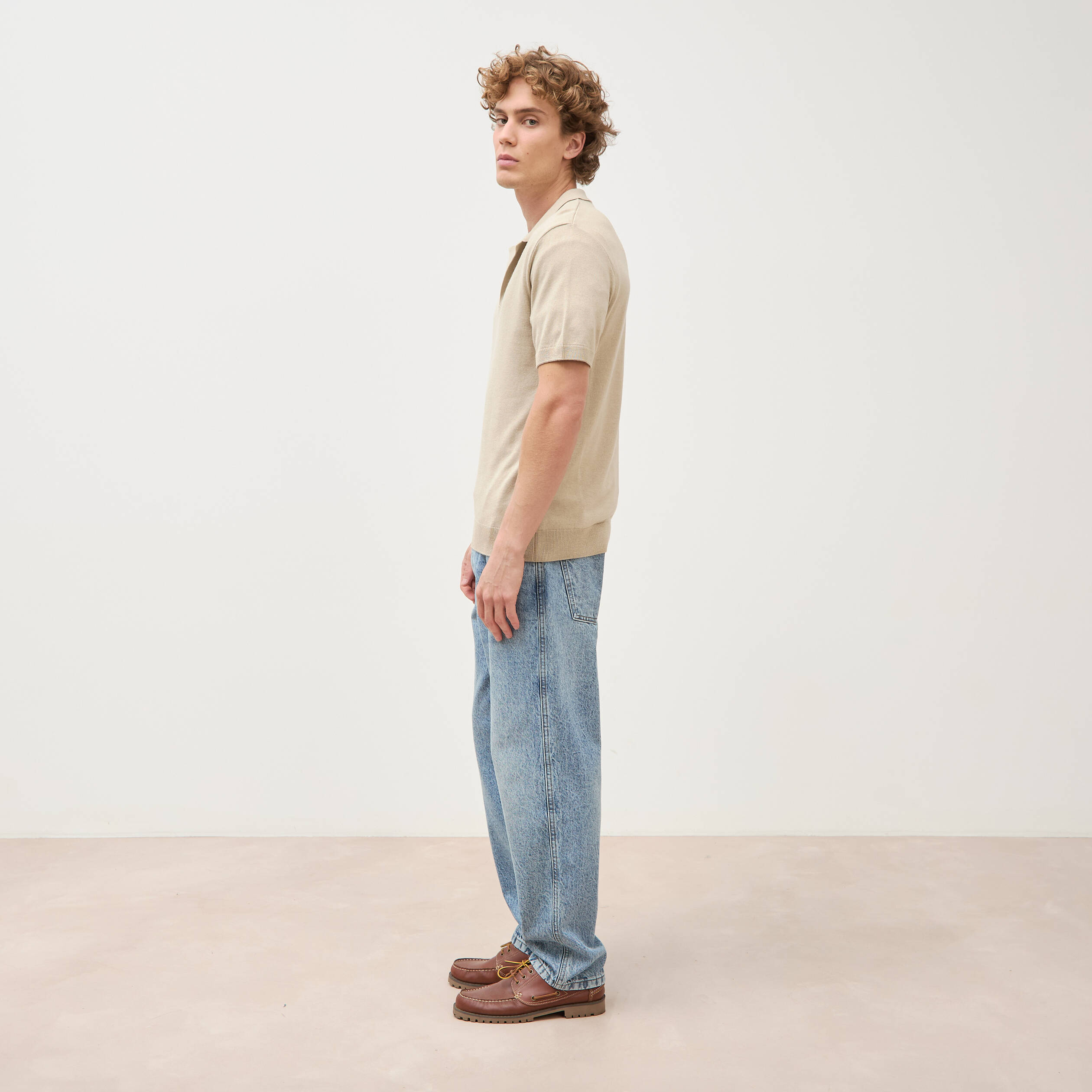 Polo manches courtes col cubain beige homme