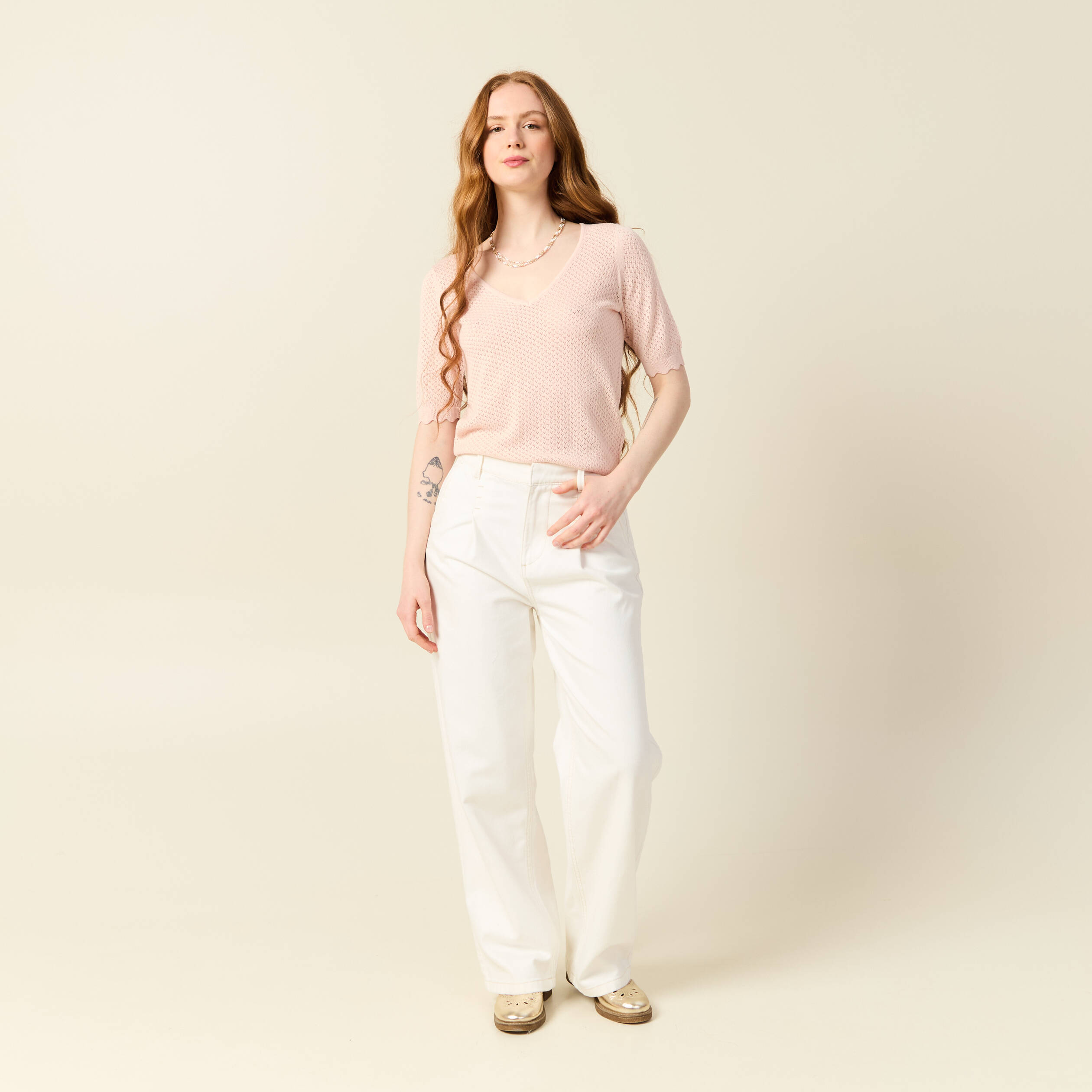 pull manches courtes ajoure rose poudree femme Pull manches courtes ajouré rose poudrée femme