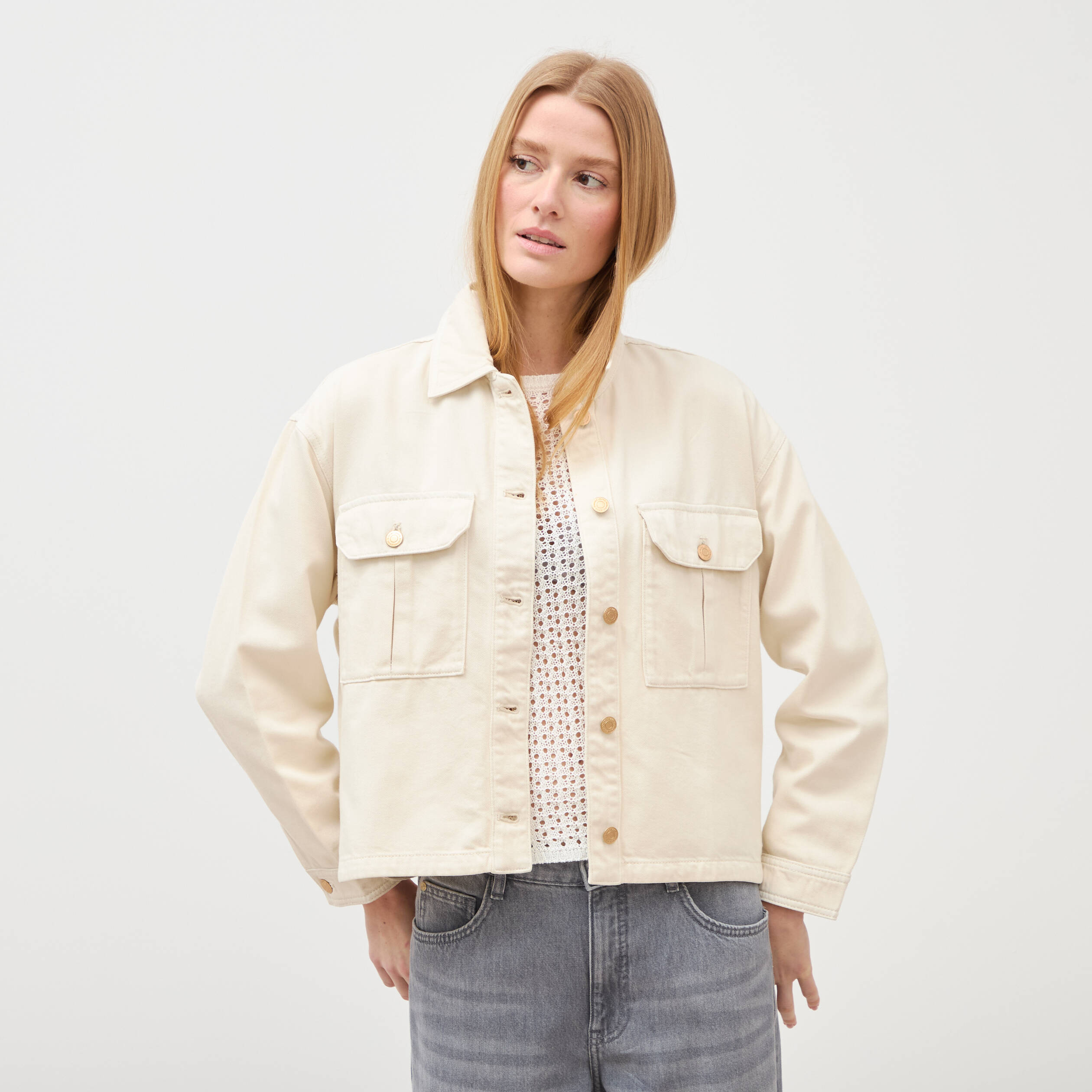 Blouson manches longues col classique denim blanc femme