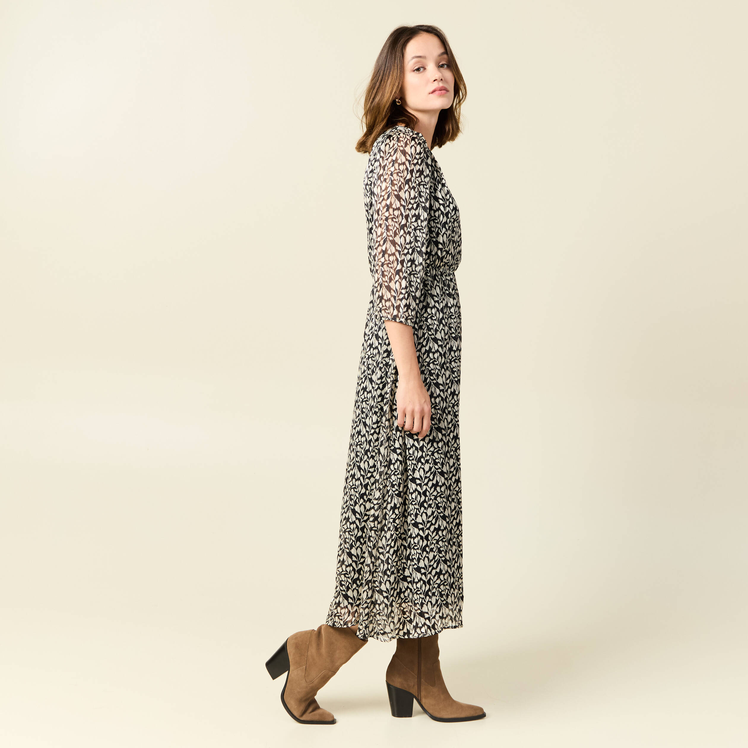robe longue evasee manches 34 noir femme Robe longue évasée manches 3/4 noir femme