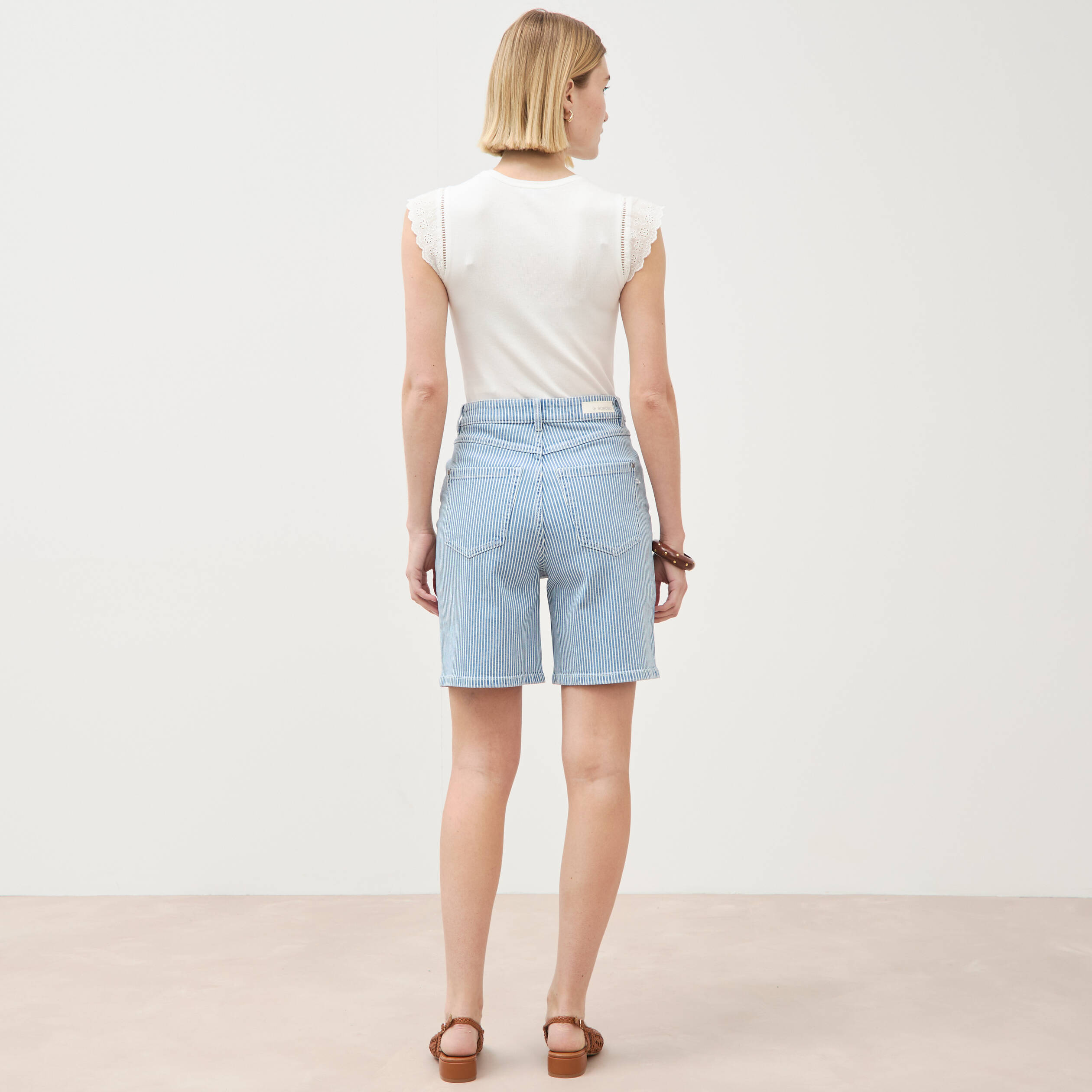 Bermuda large taille haute en jeans denim stone femme