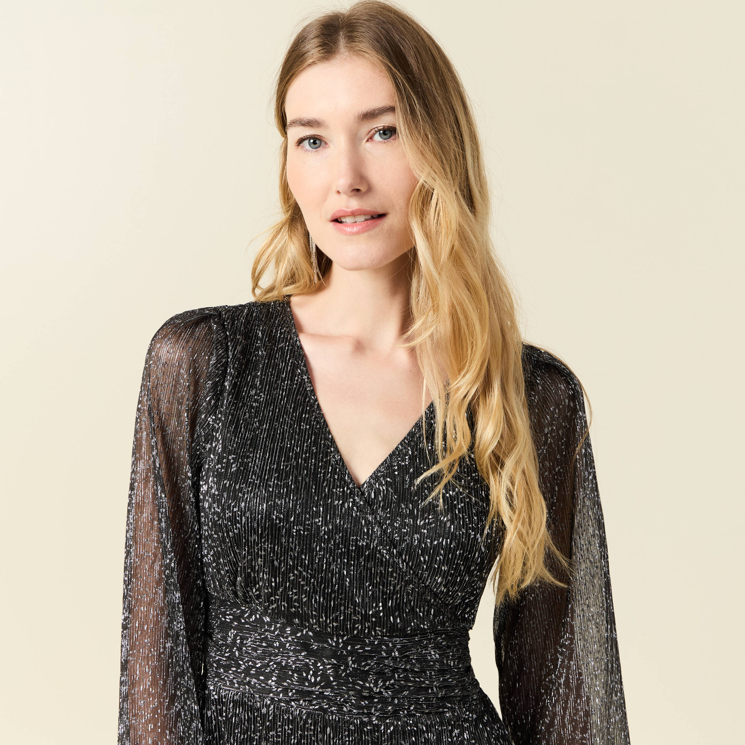 robe longue fils metallises noir femme Robe longue fils métallisés noir femme