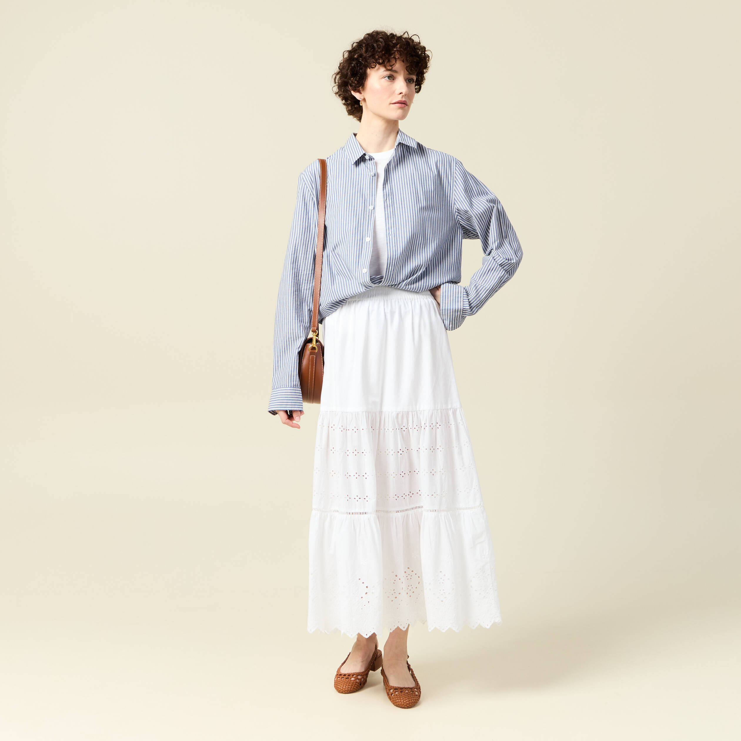 Jupe longue droite brodée ecru femme