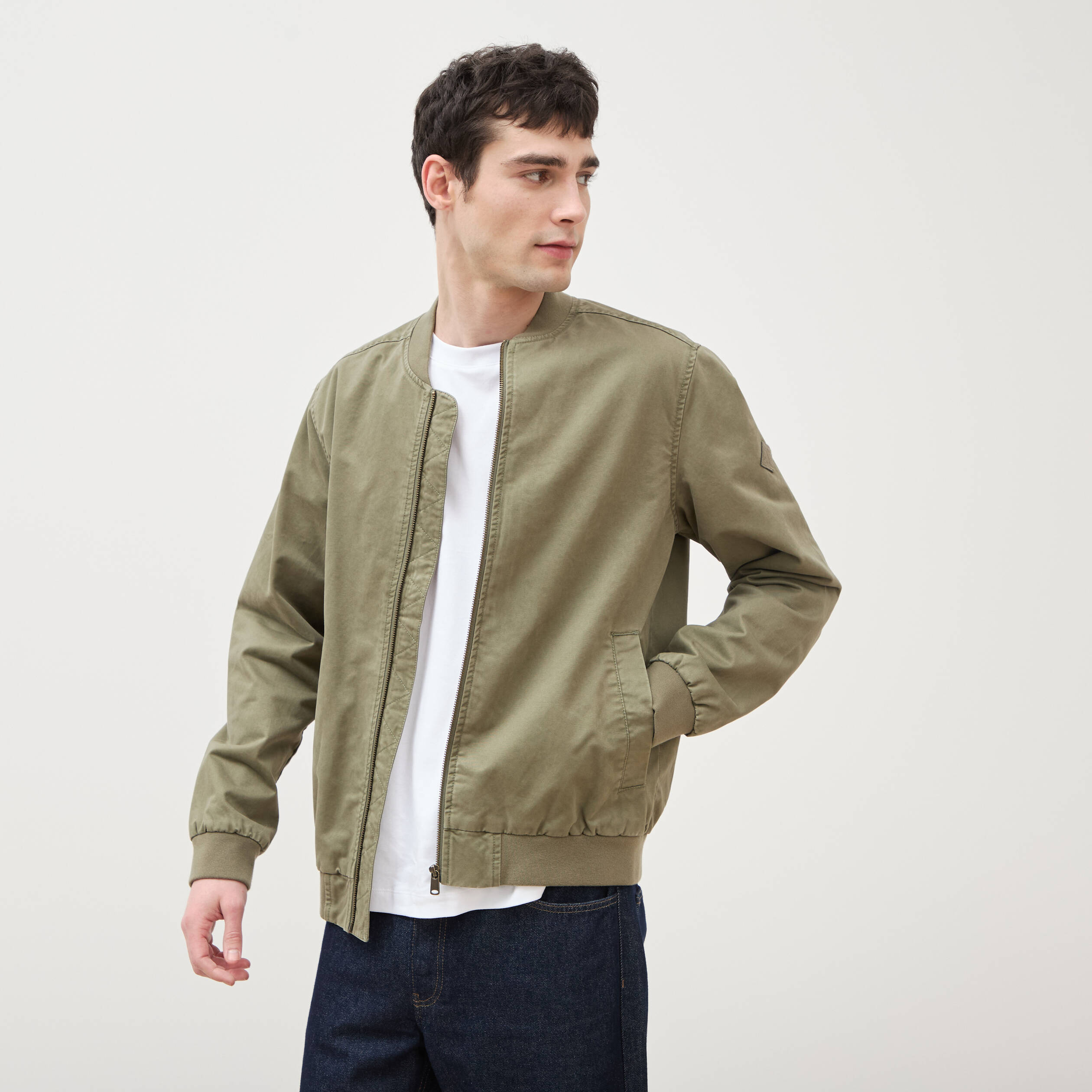Blouson manches longues doubl&eacute; en coton vert kaki homme