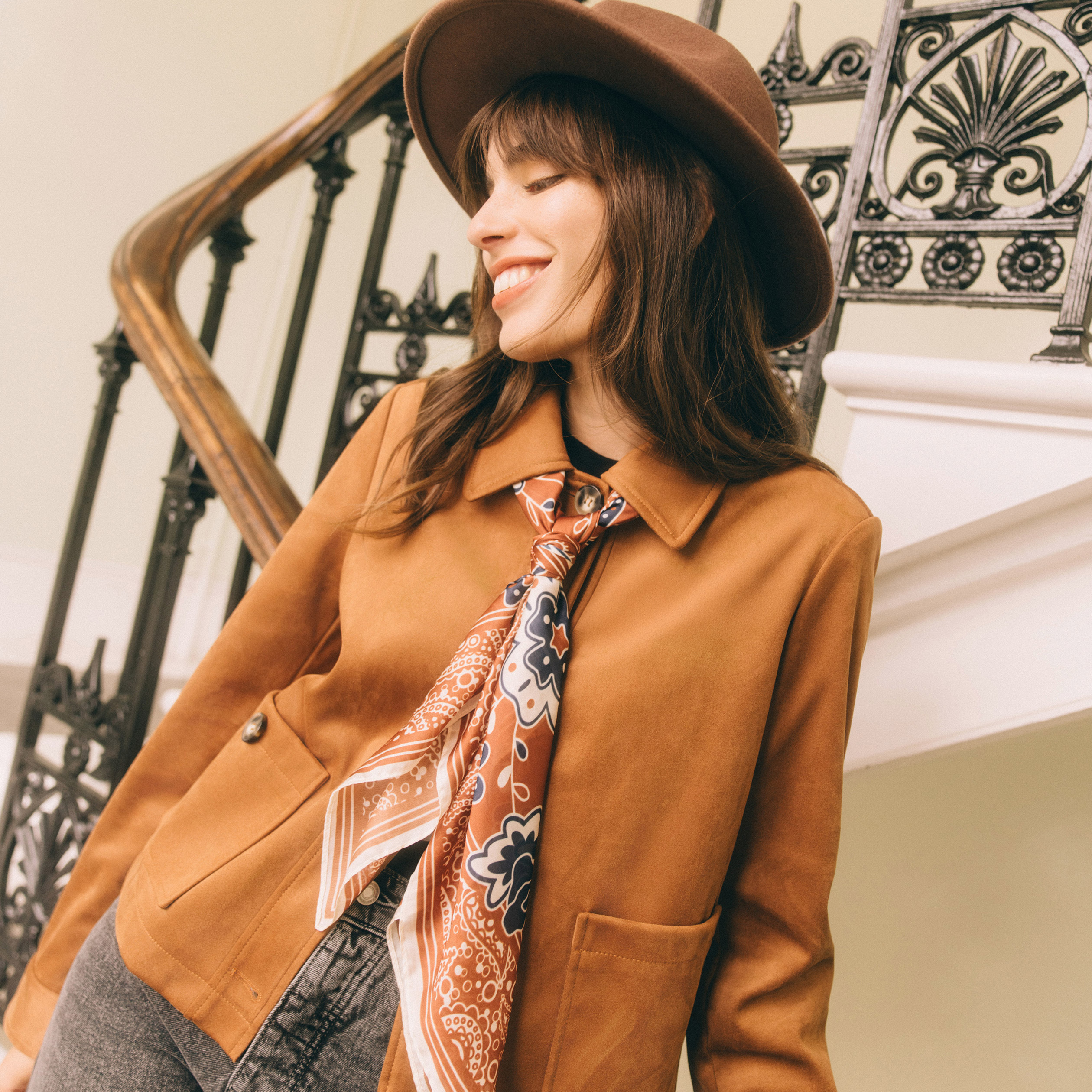 Veste manches longues col classique camel femme