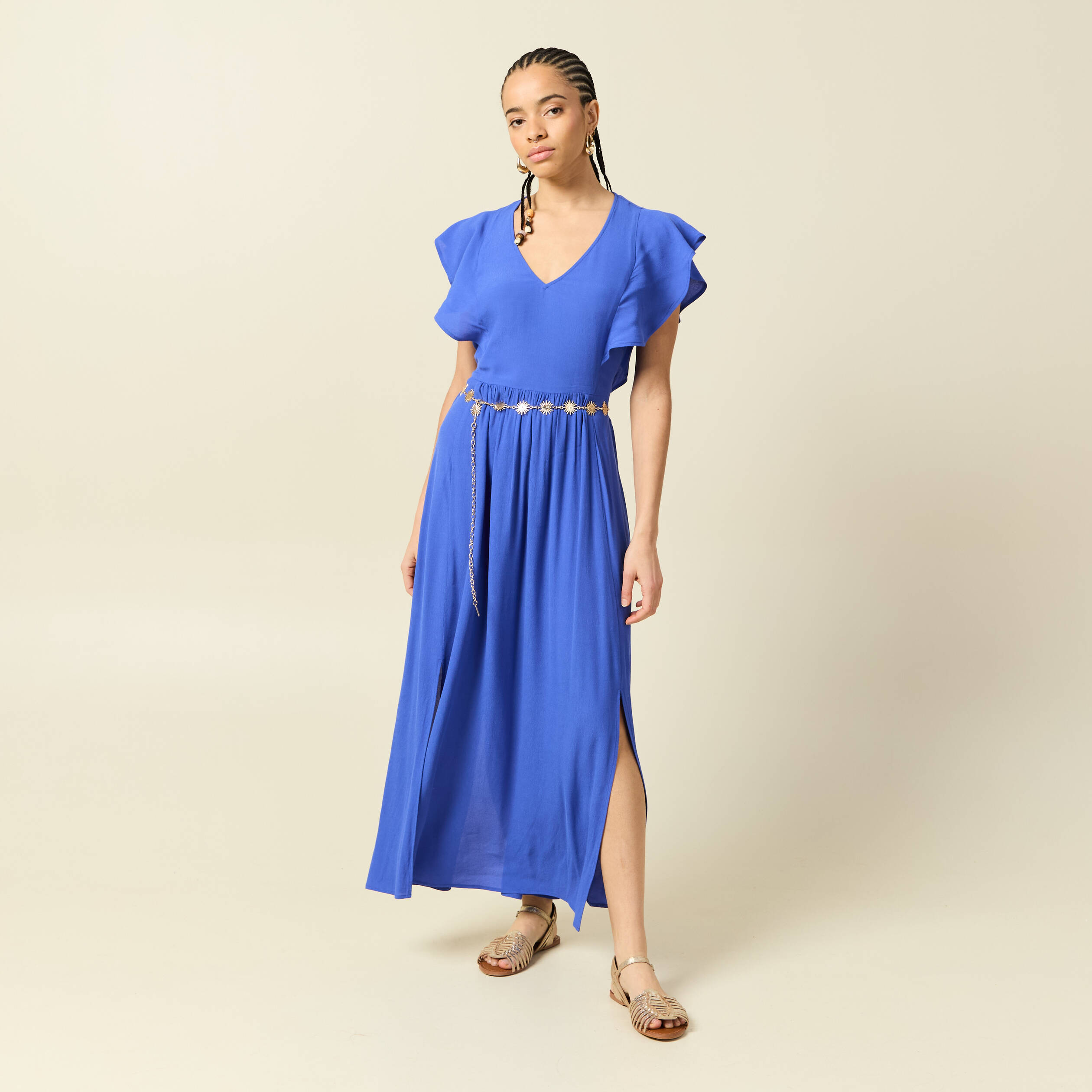 Robe fluide col v manches courtes bleu electrique femme