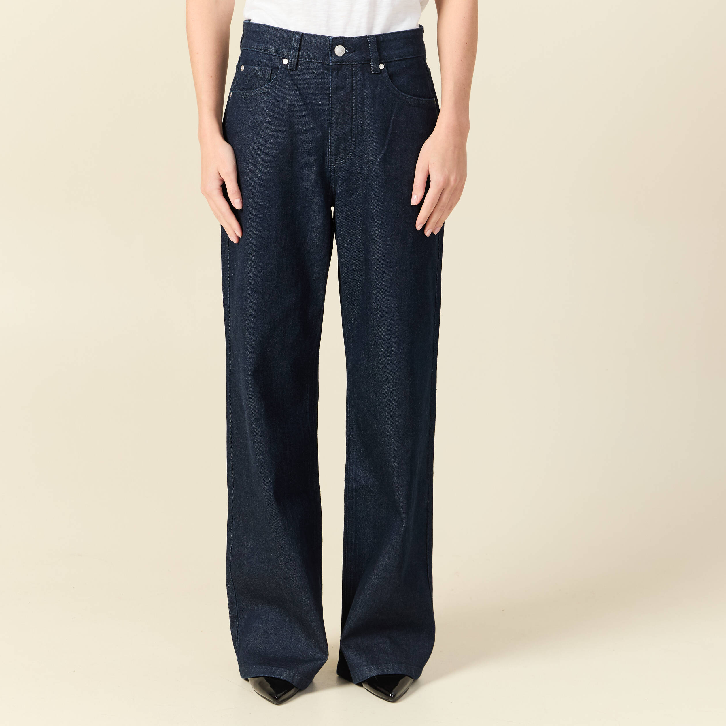 Jeans large taille haute denim brut rinse femme