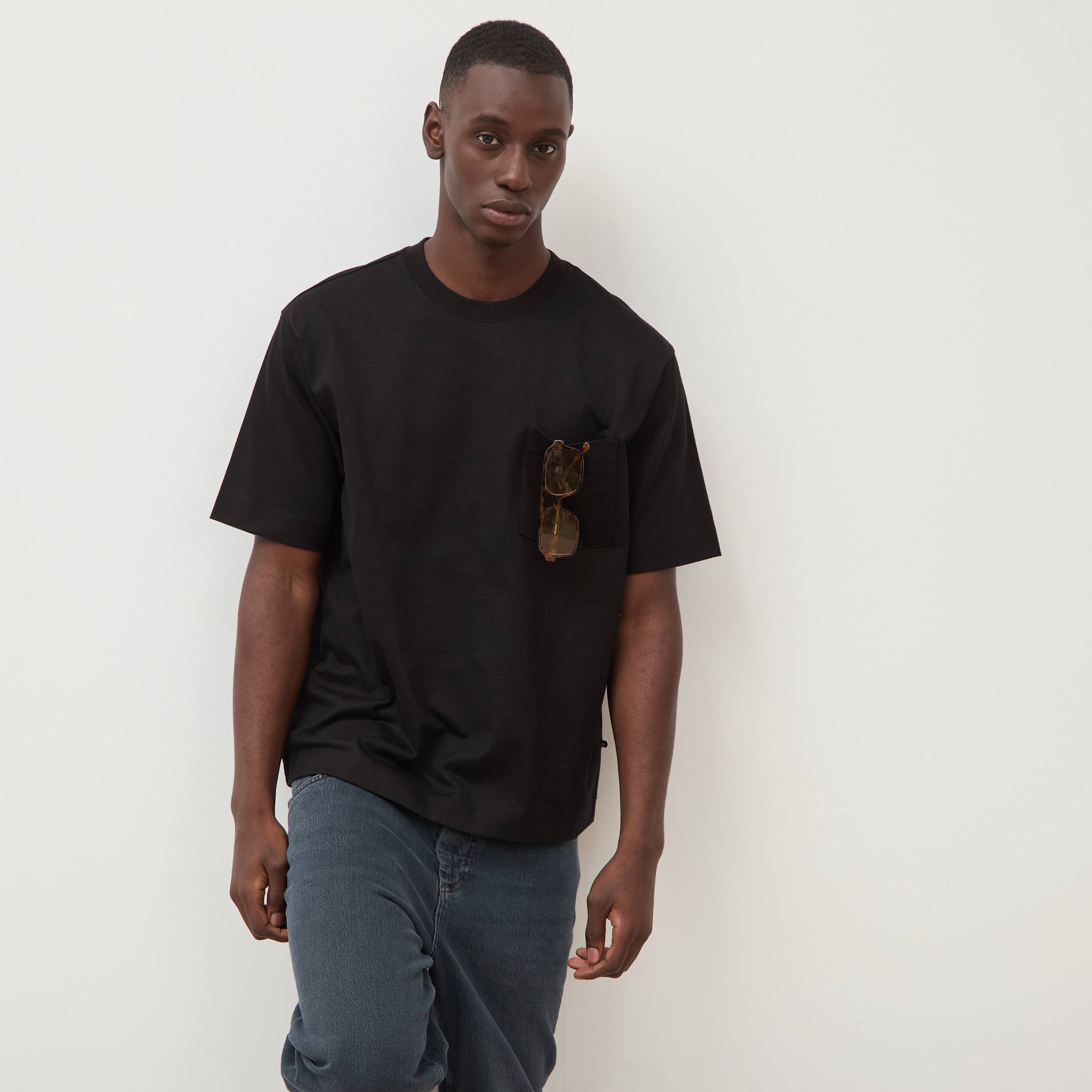 T-shirt droit en coton col ras du cou noir homme