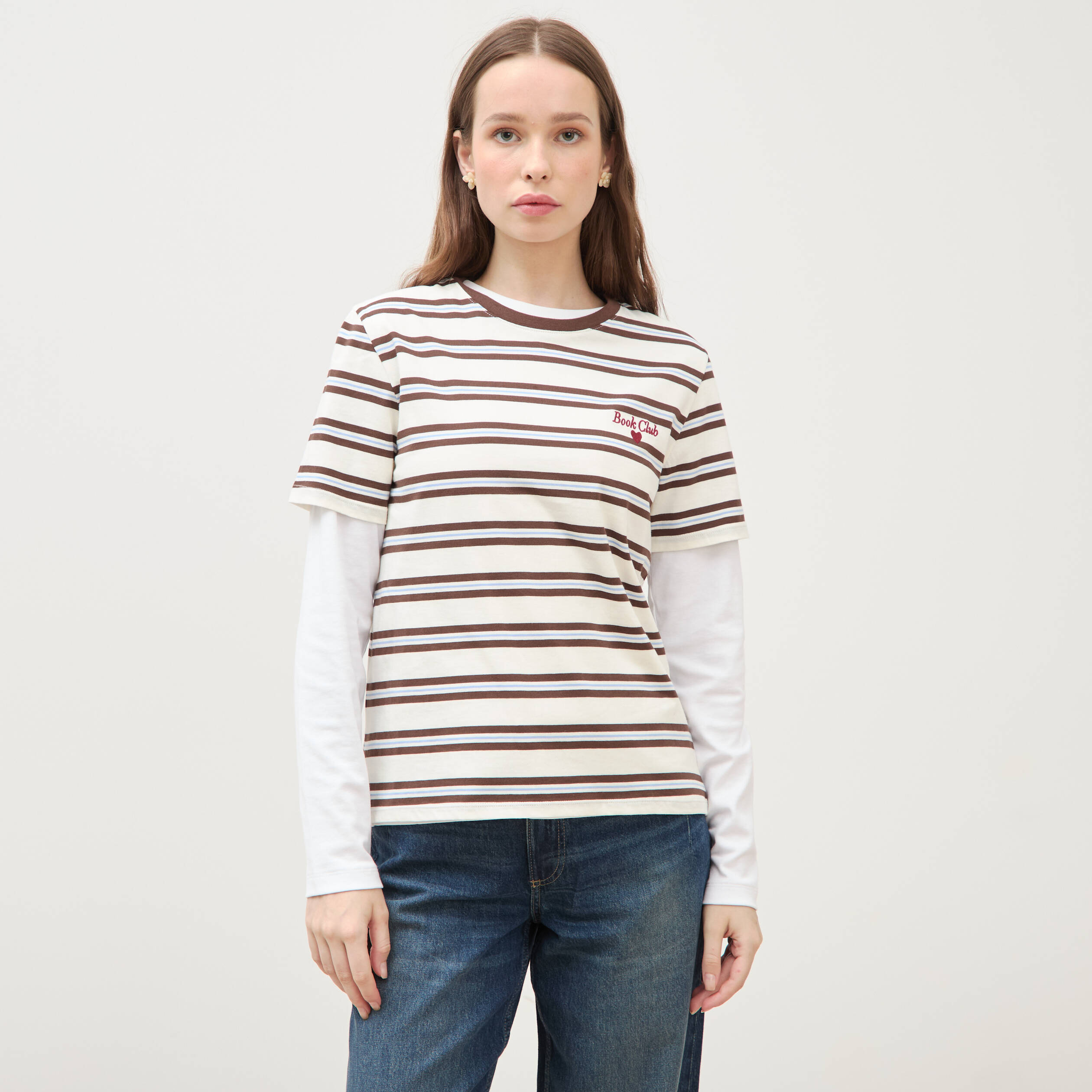 T-shirt ray&eacute; col rond manches courtes ivoire femme