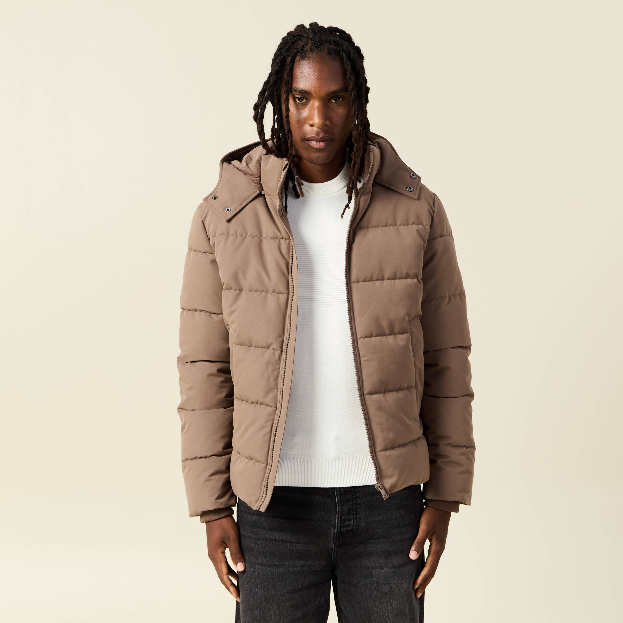 Doudoune capuche amovible marron foncé homme