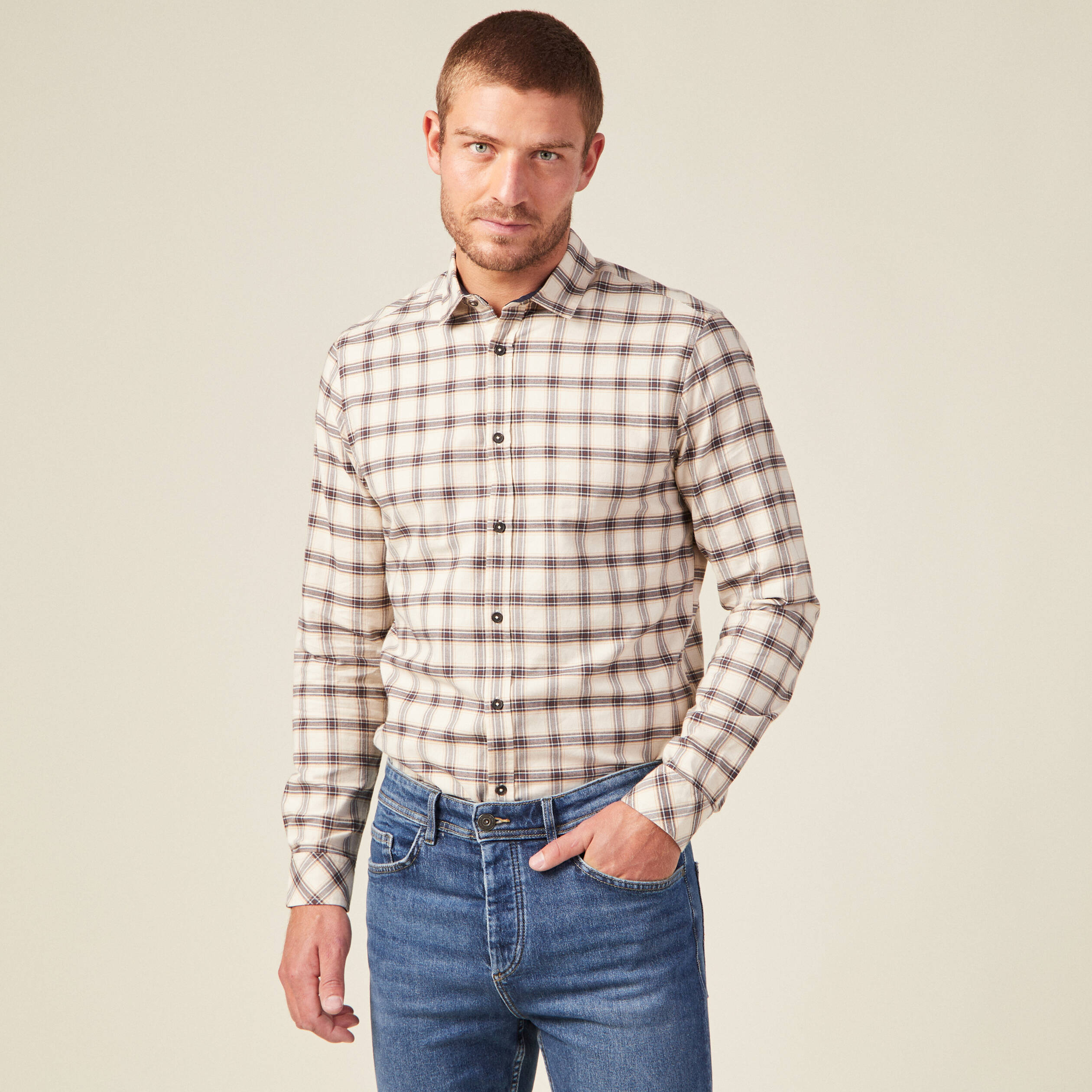 Chemise &agrave; carreaux en coton ecru homme