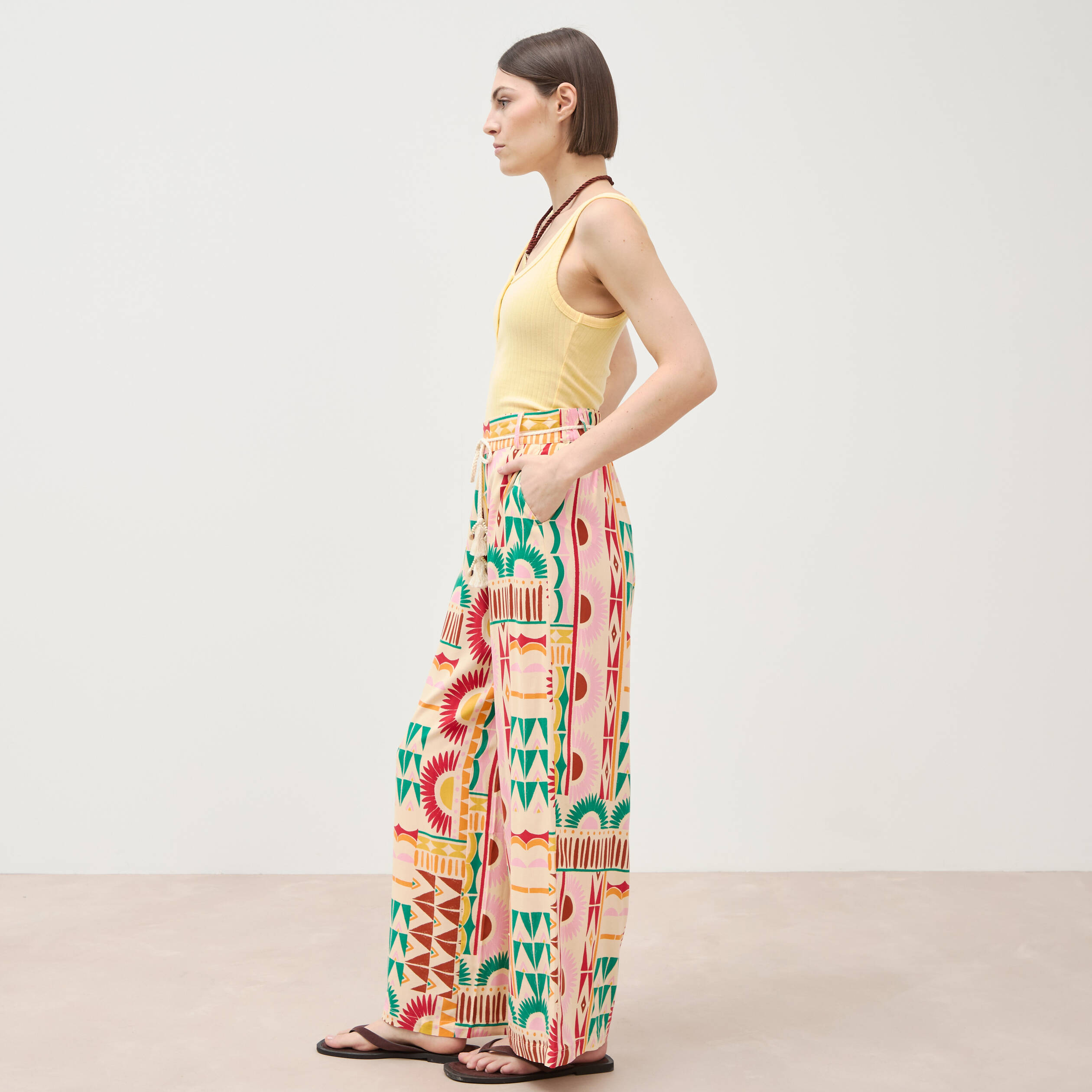 Pantalon loose taille haute multicolore femme