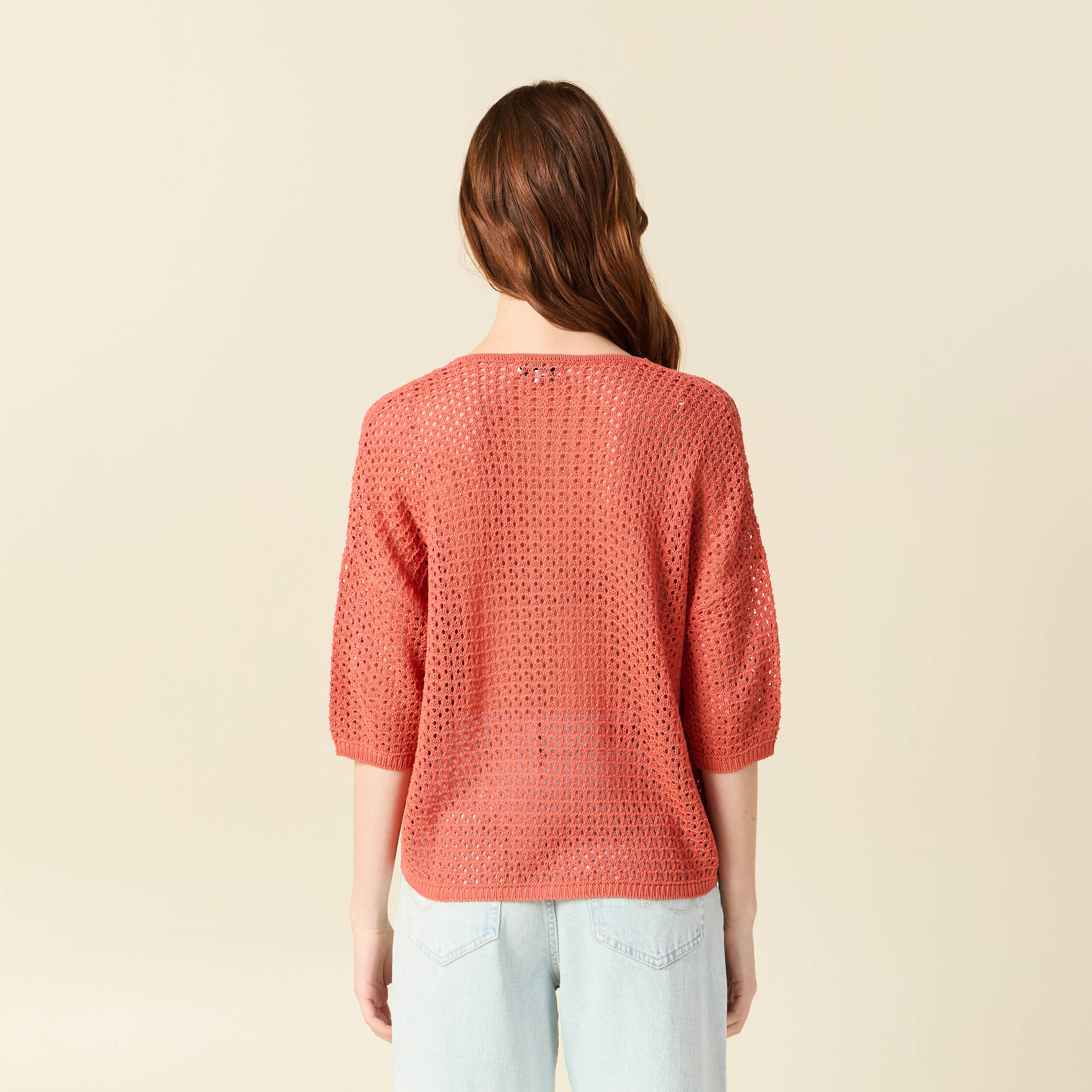 Pull ajour&eacute; col v manches 3/4 rouge fonc&eacute; femme