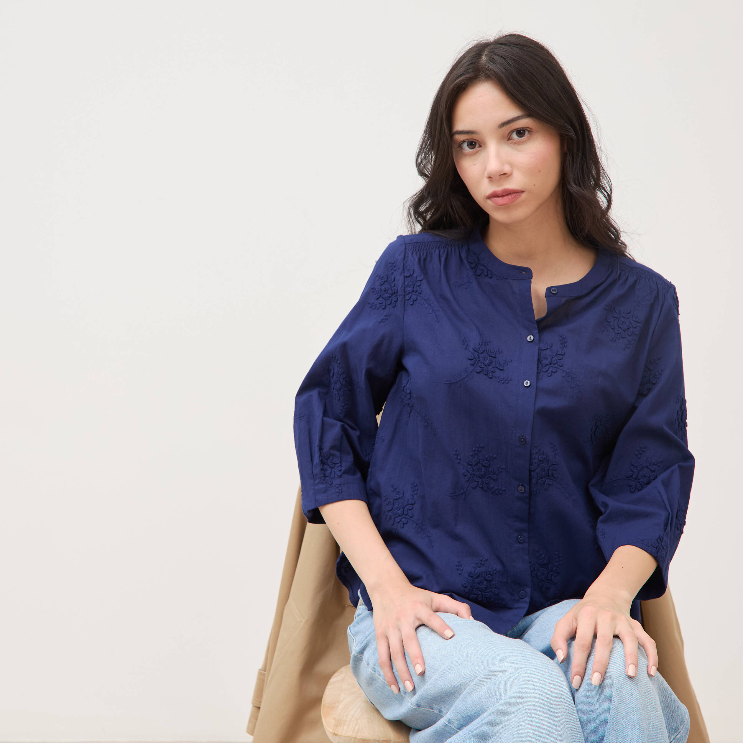 Chemise en coton manches 3/4 bleu marine femme