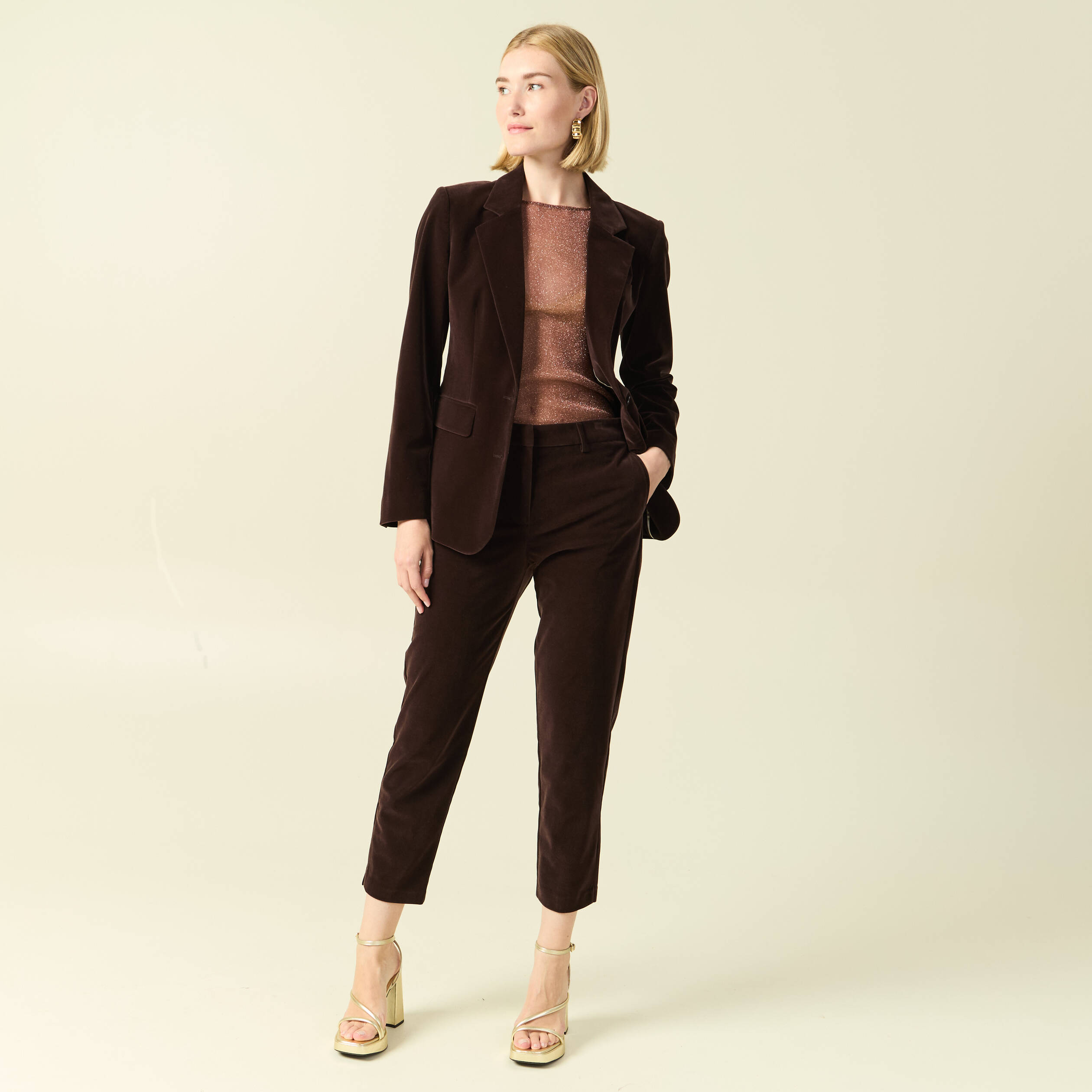 Veste blazer velours marron fonc&eacute; femme