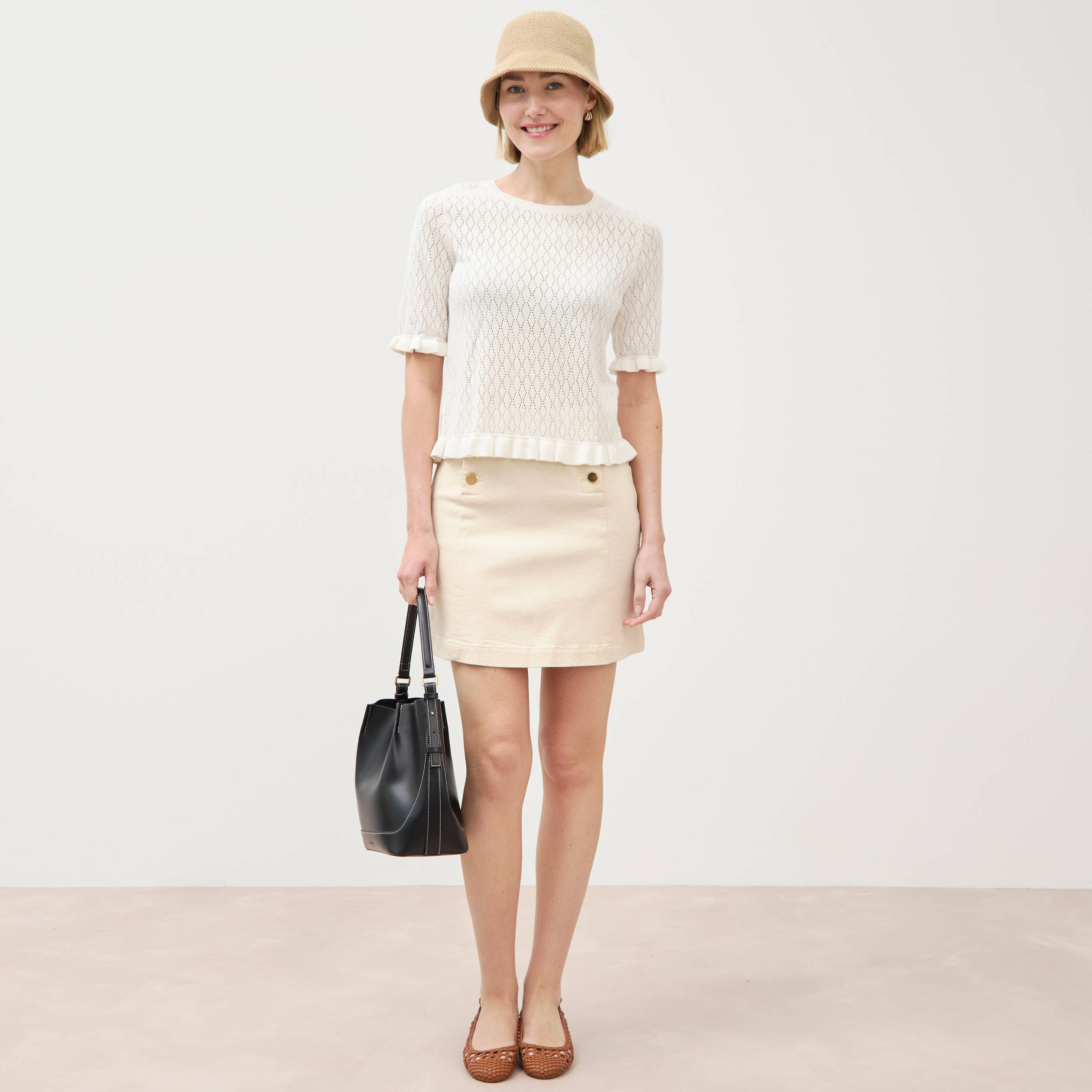 Pull ajour&eacute; droit manches courtes ecru femme