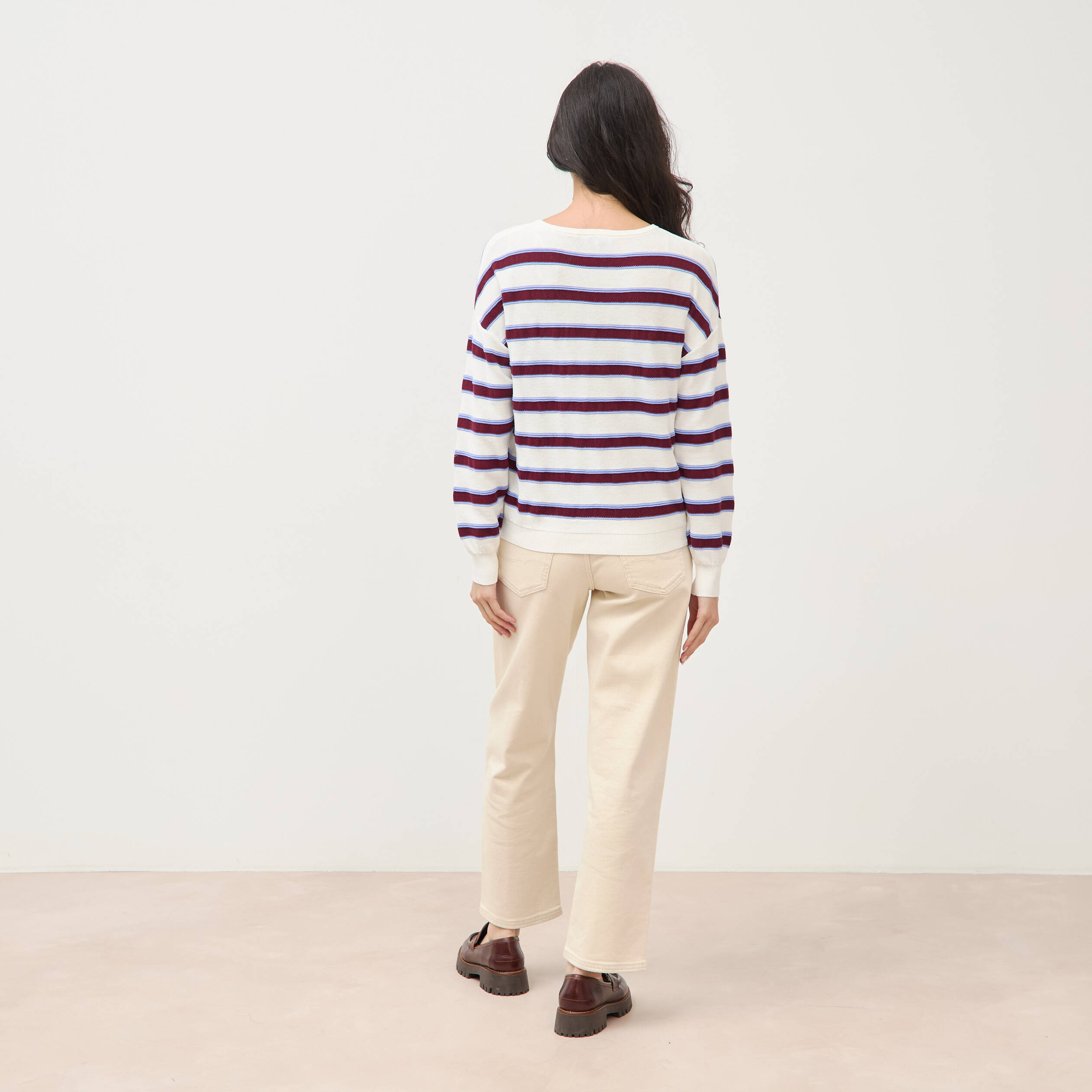 Pull col rond manches longues en coton marron chocolat femme