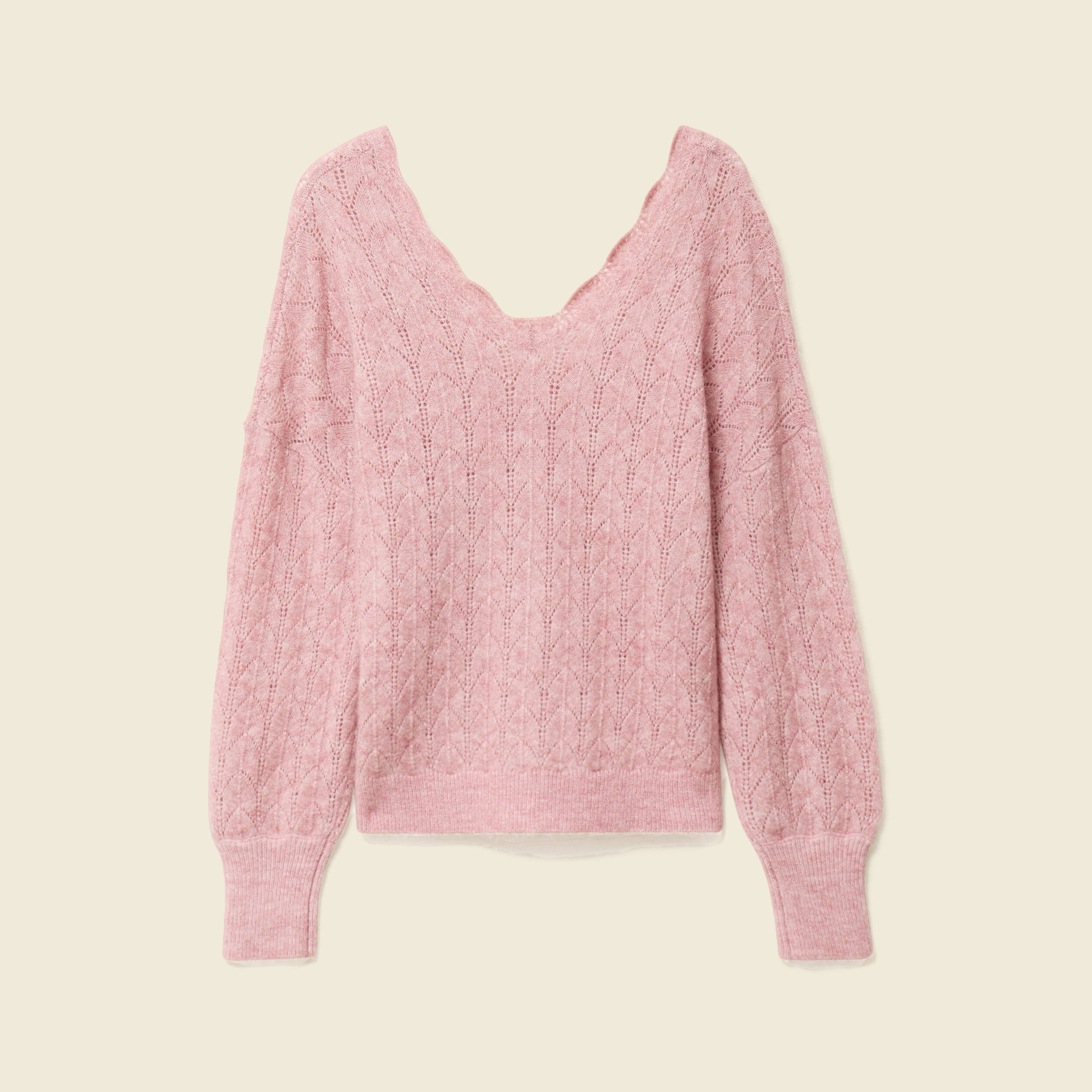 Gilet ajour&eacute; col V manches longues rose pastel femme