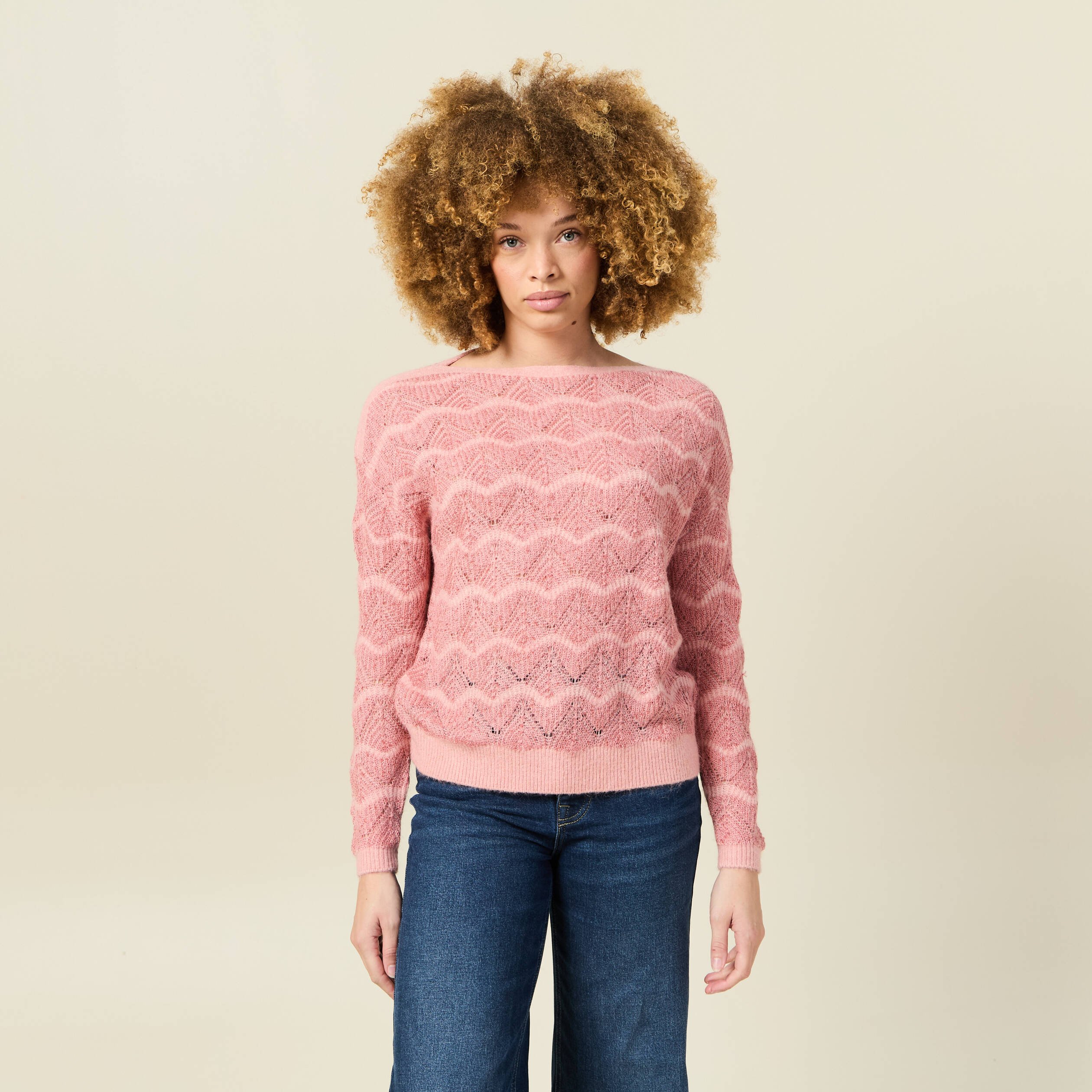 Pull manches longues ajouré rose saumon femme