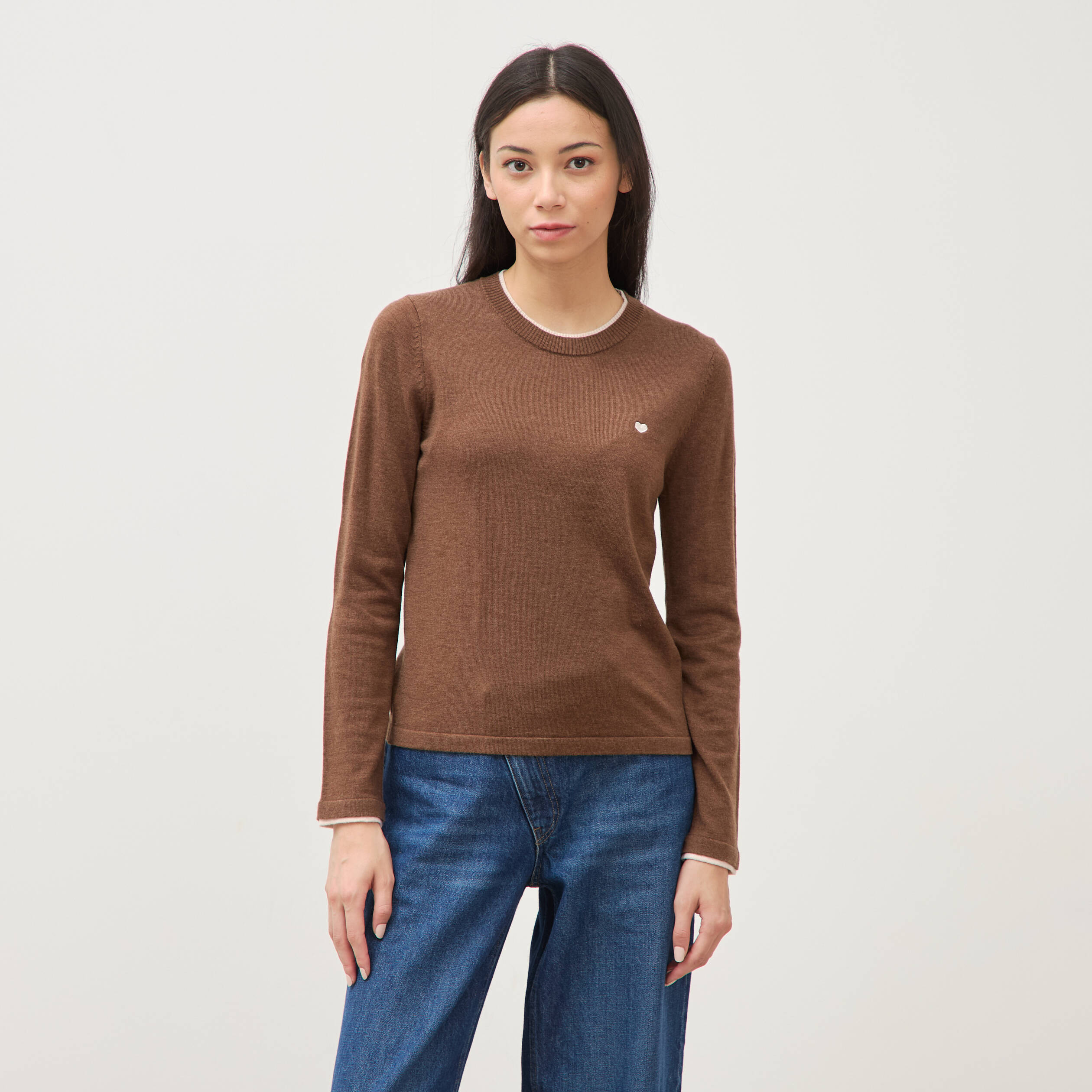 Pull fin col rond manches longues marron femme