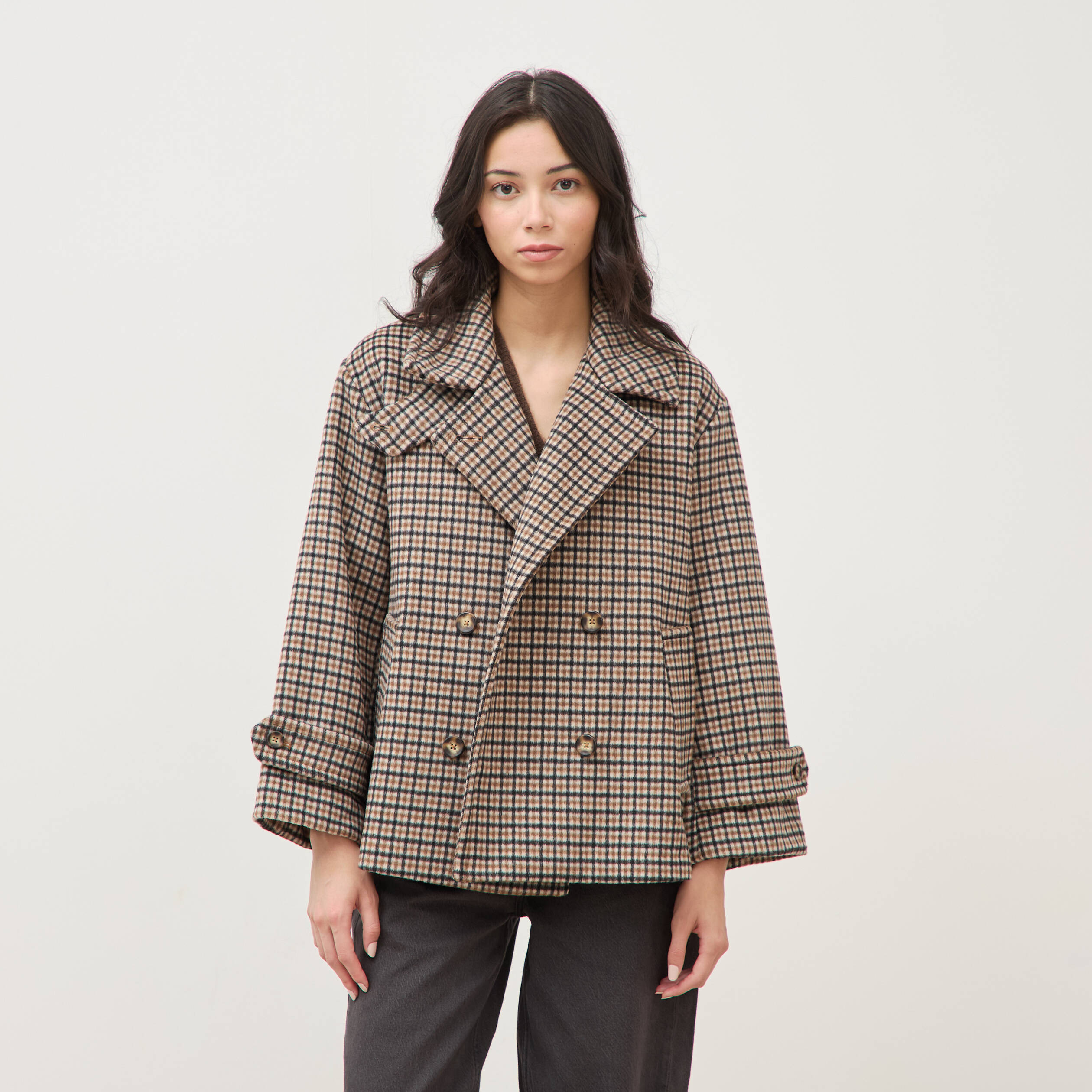Caban oversize court col tailleur marron femme