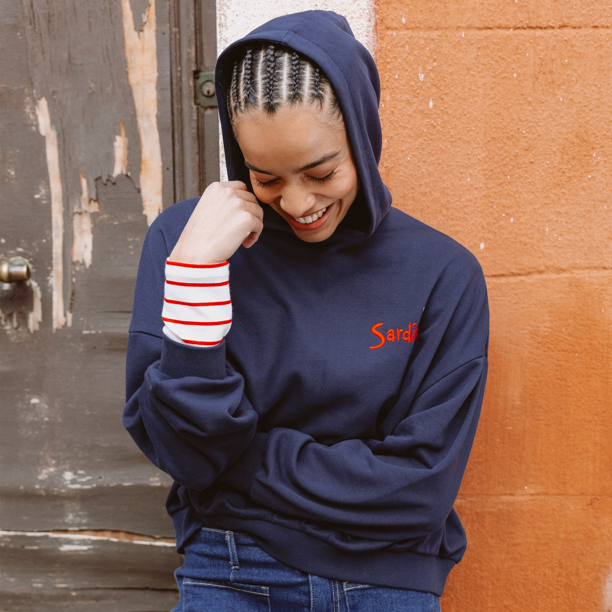 Sweat oversize &agrave; capuche en coton bleu marine femme