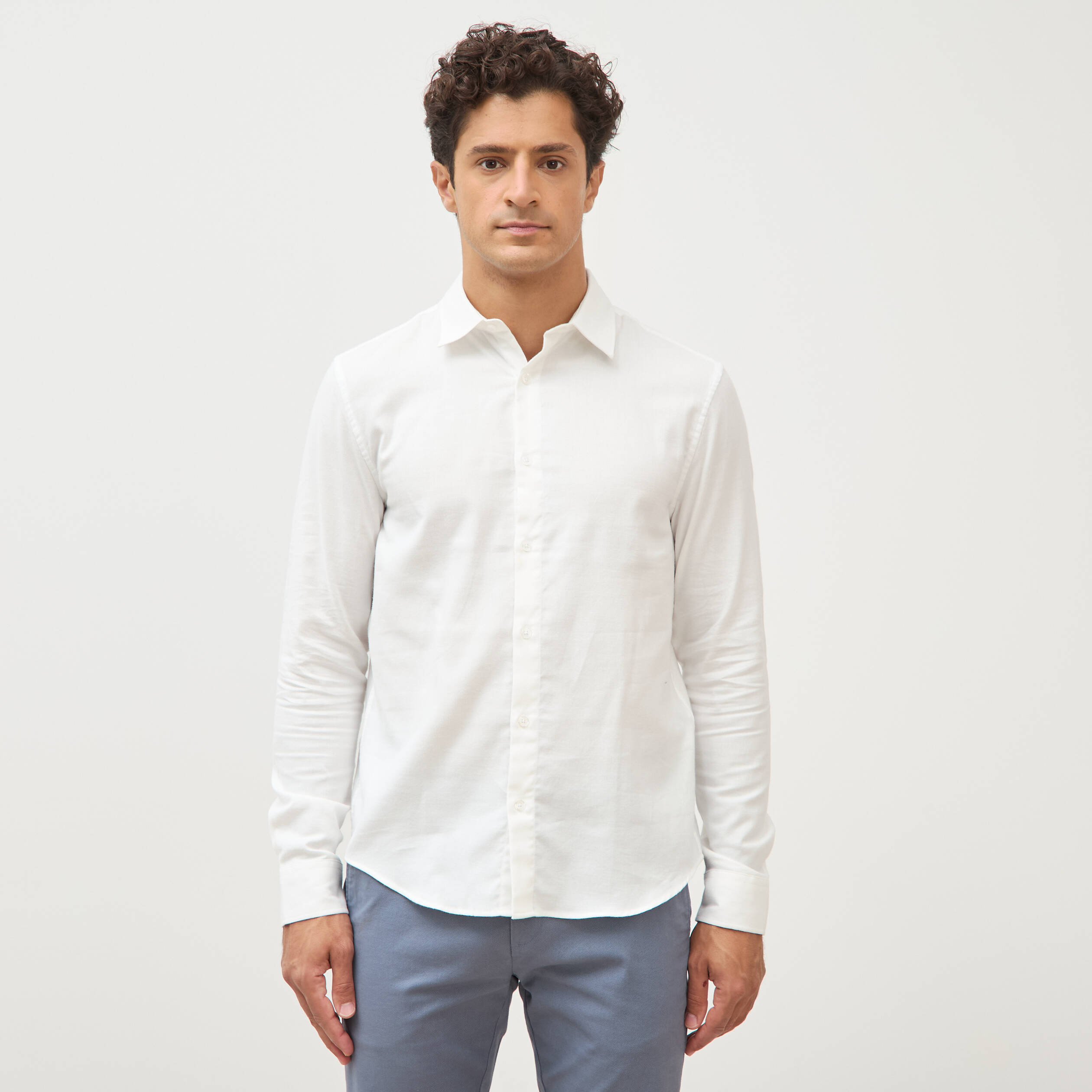 Chemise droite en coton manches longues ecru homme