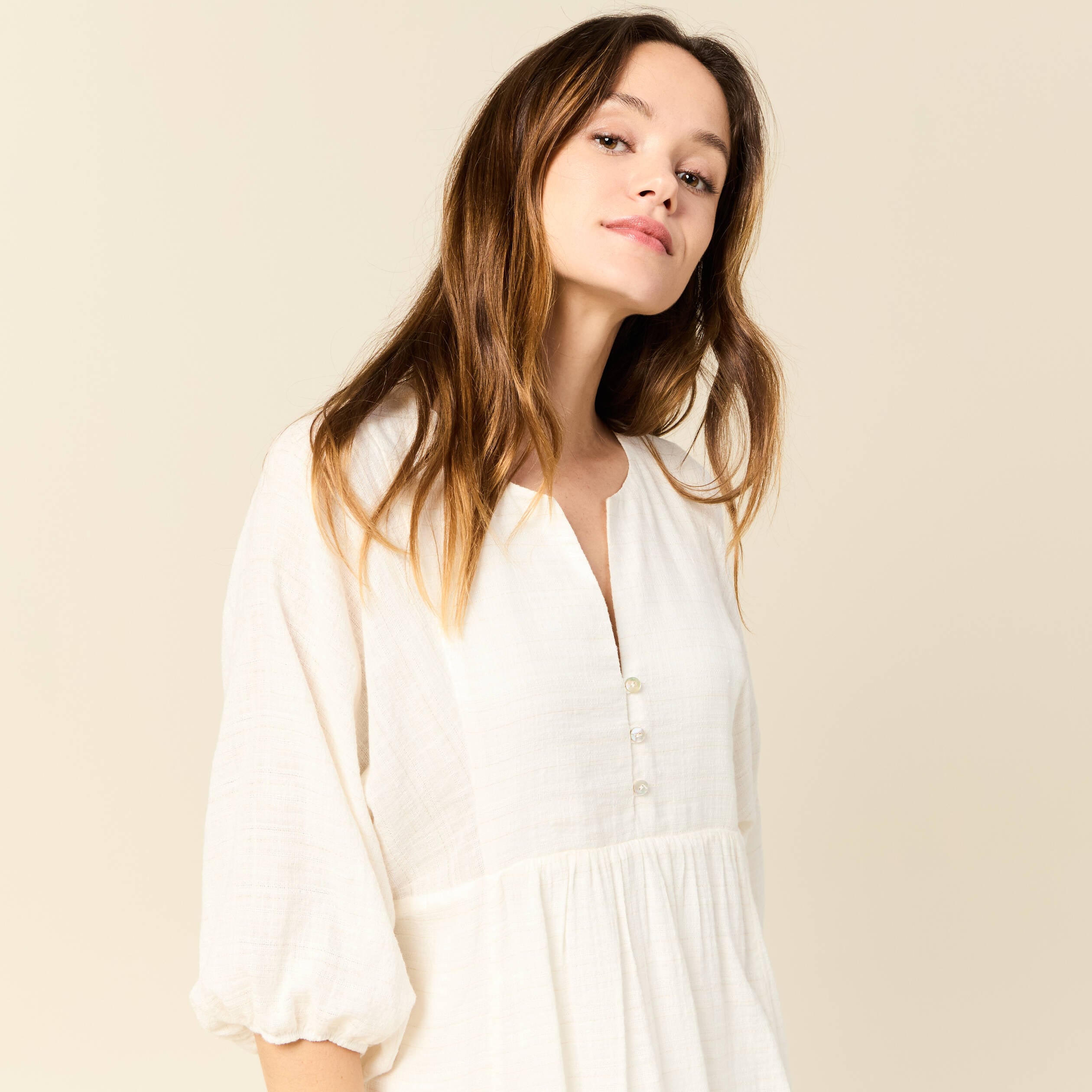 Robe &eacute;vas&eacute;e manches 3/4 ecru femme