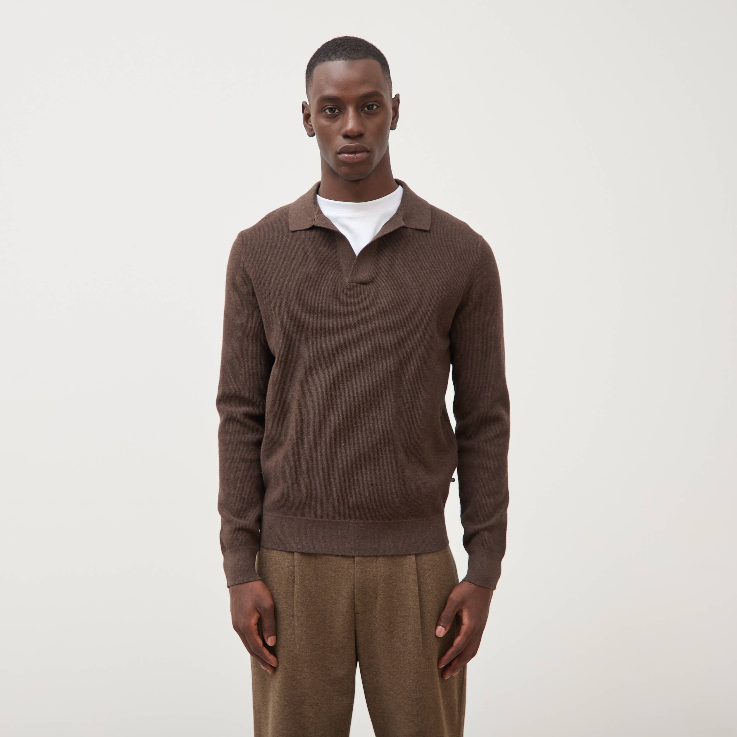 Pull droit col polo manches longues marron homme