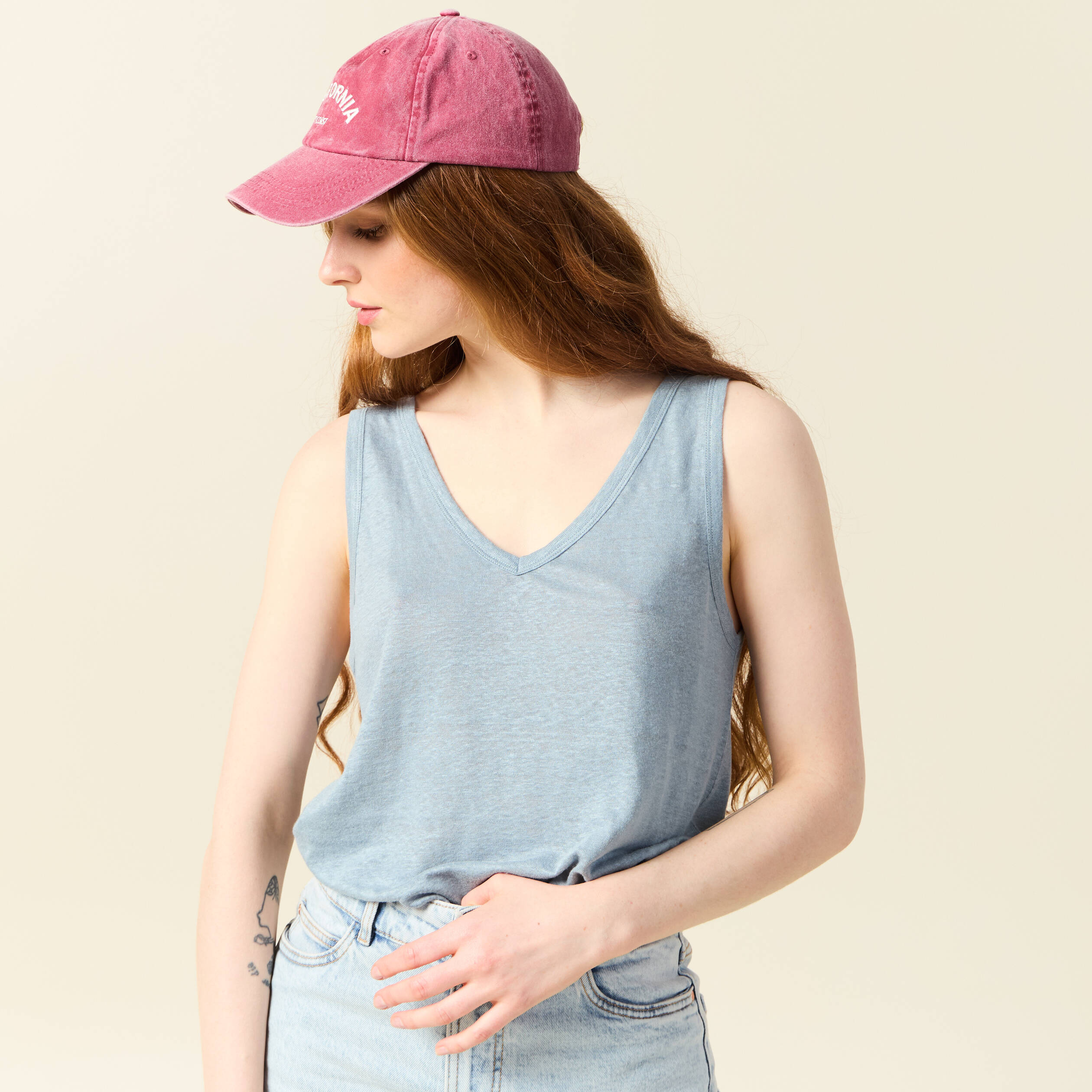 debardeur sans manches en lin bleu gris femme Débardeur sans manches en lin bleu gris femme