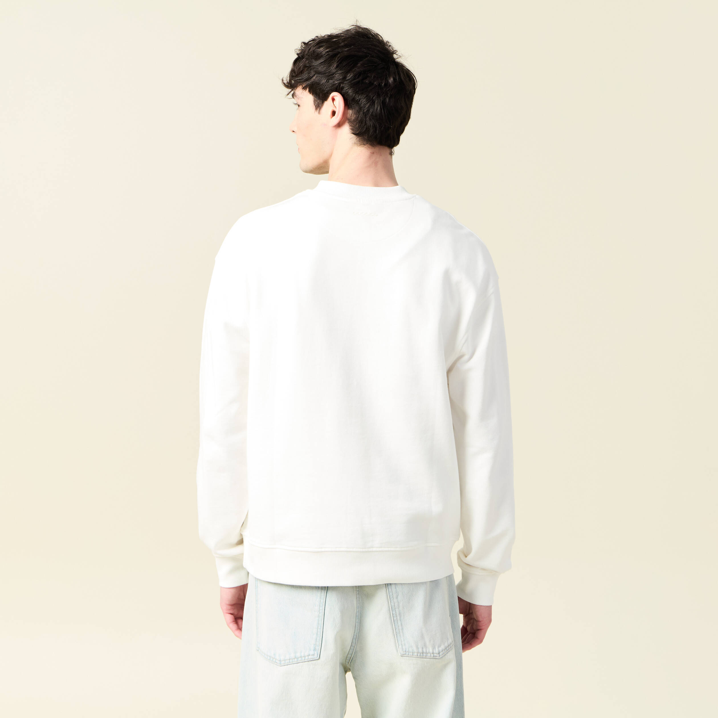 Sweat col rond manches longues en coton ecru homme