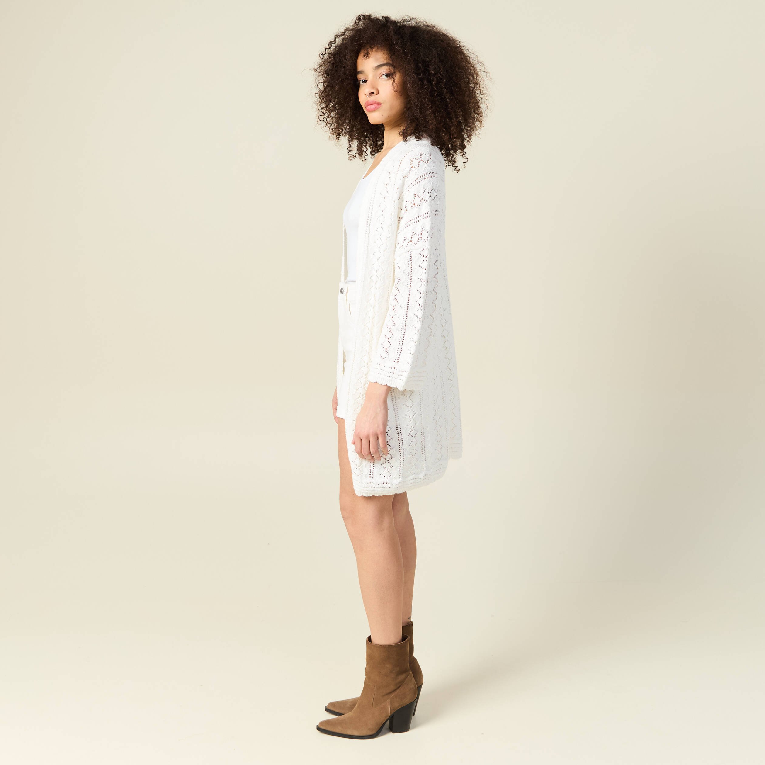 gilet long ajoure ecru femme Gilet long ajouré ecru femme