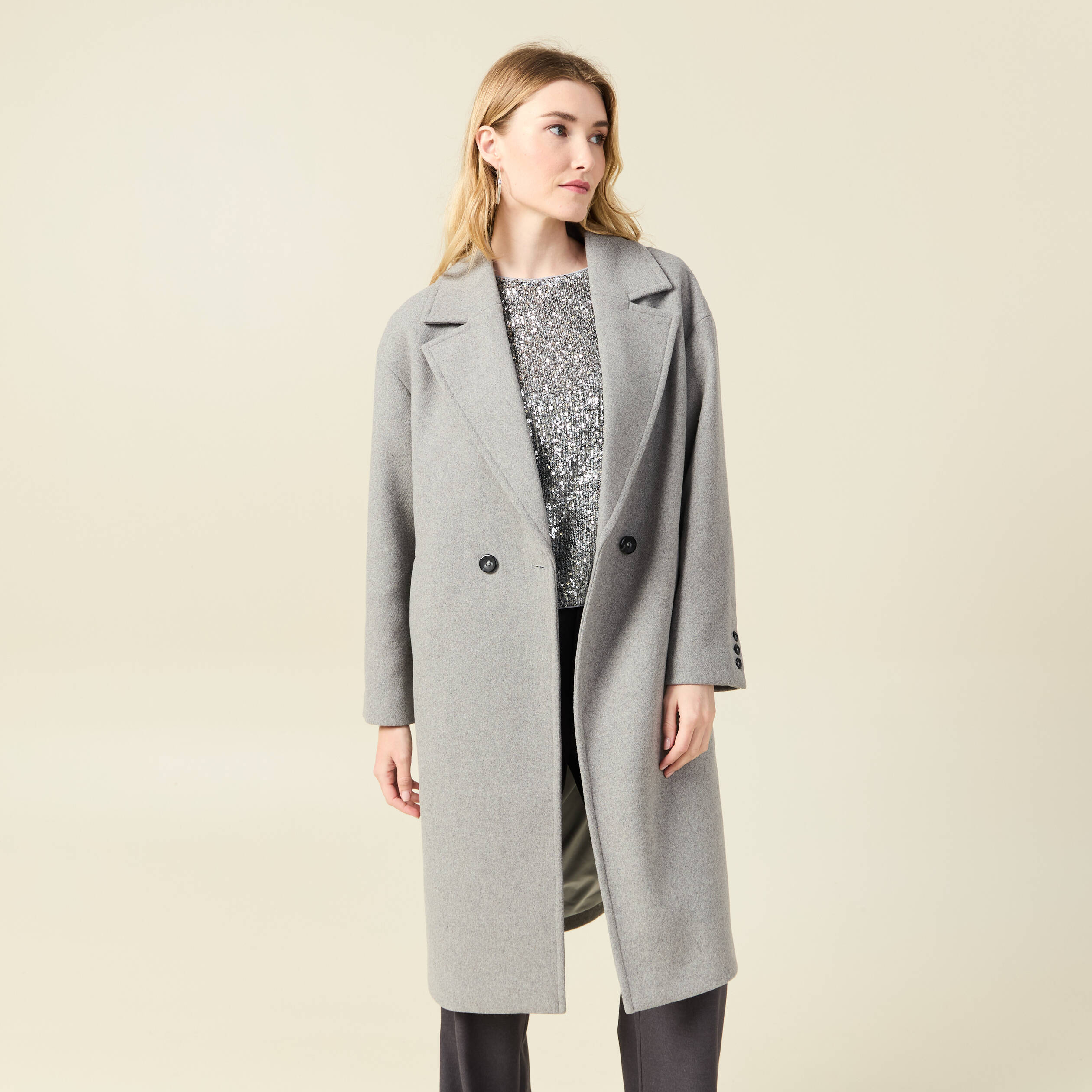 Manteau oversize long gris femme