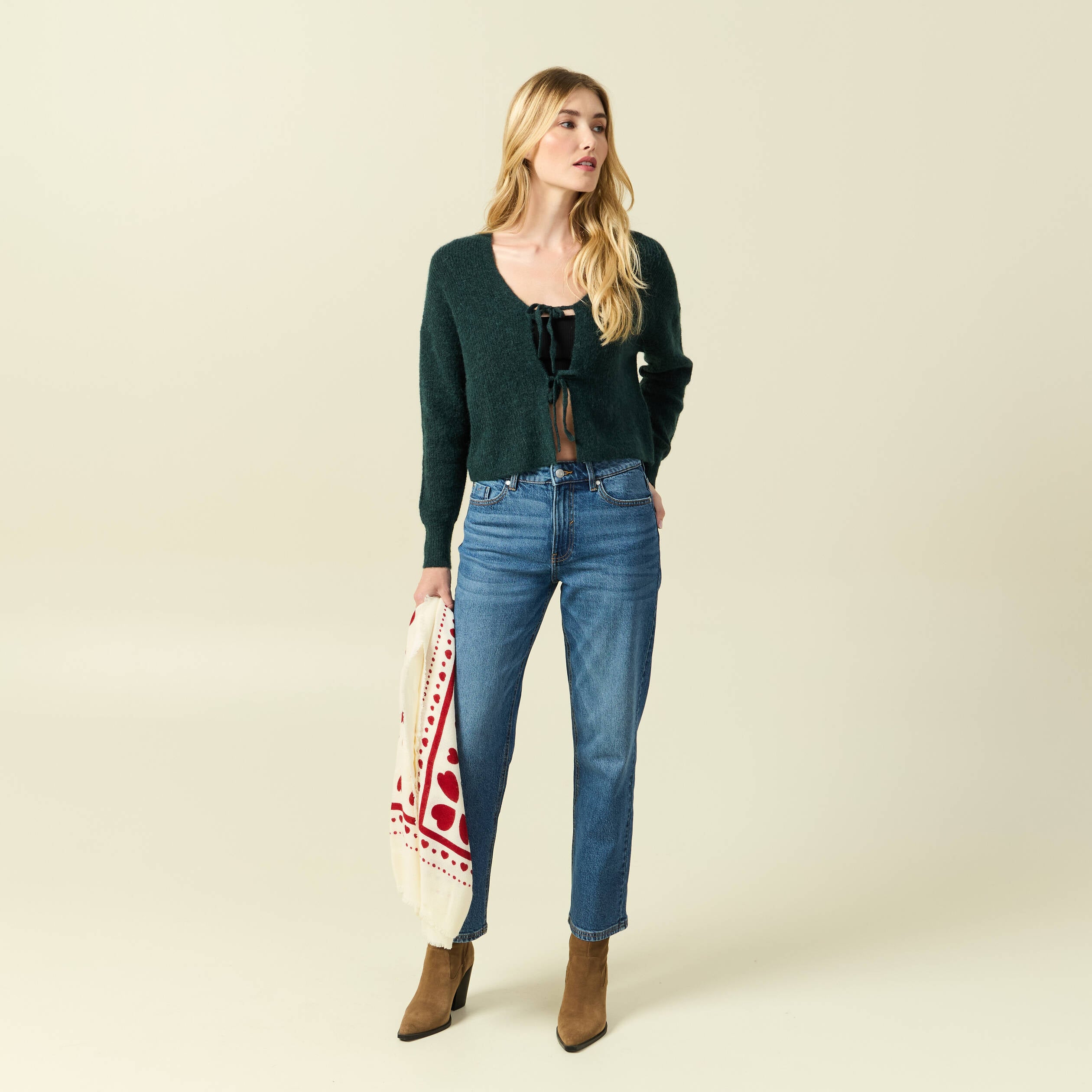 Gilet col V manches longues n&oelig;uds vert fonc&eacute; femme