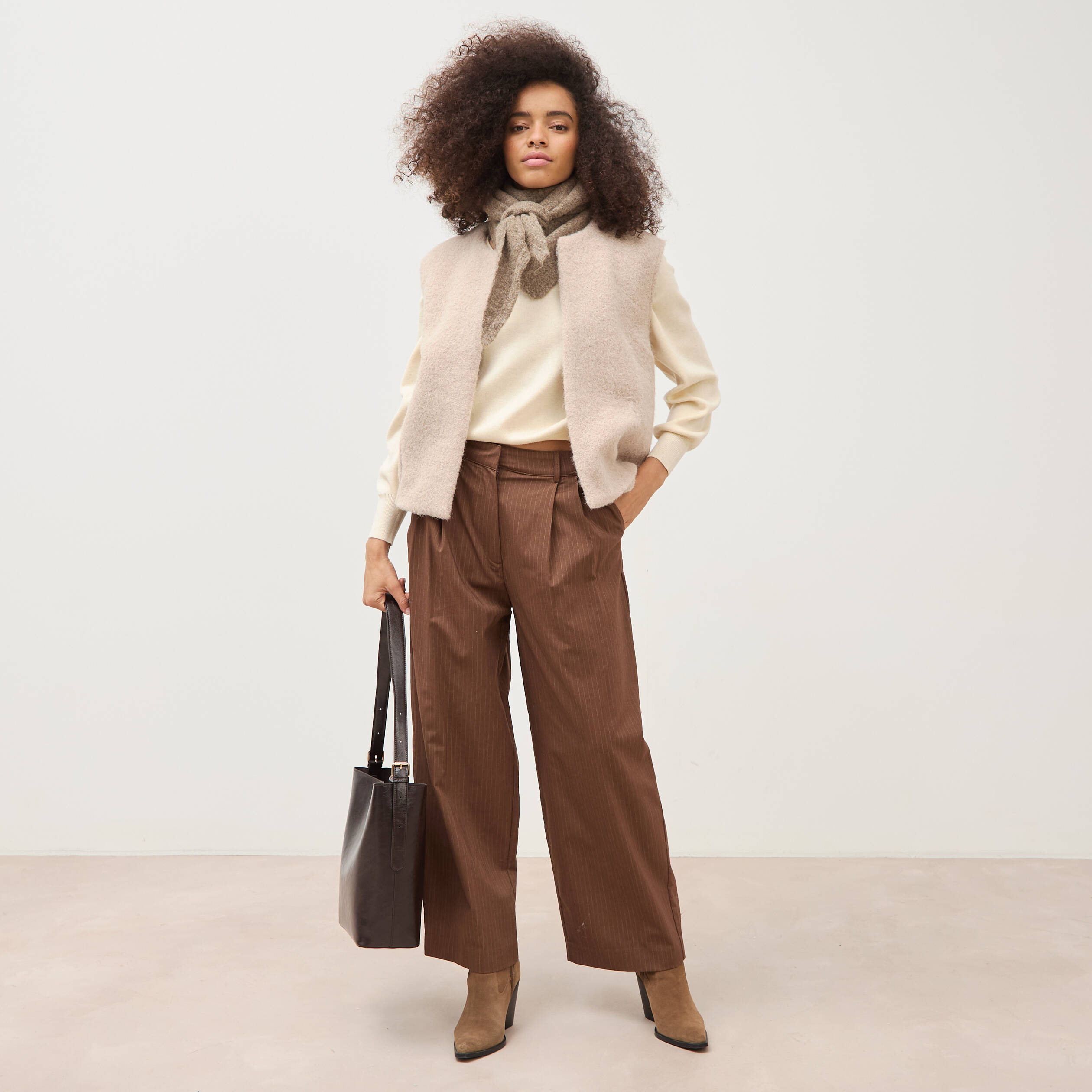 Pantalon large ray&eacute; taille standard marron fonc&eacute; femme